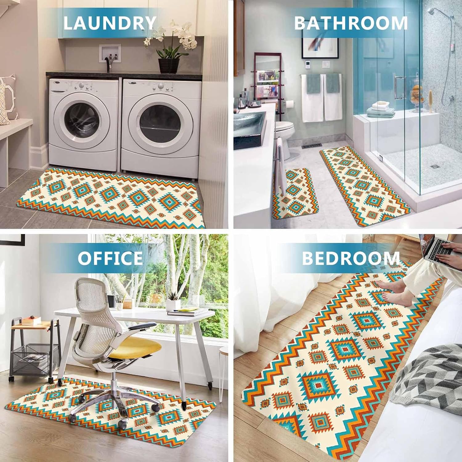 Prime Leader Bohemia Geometric Kitchen Mat Set 2 Pieces Western Teal Orange Beige Aztec Ethnic Non Slip Kitchen Rugs Washable Runner Rug Mats for Sink Laundry (15.7" x 23.6"+15.7" x 47.2")