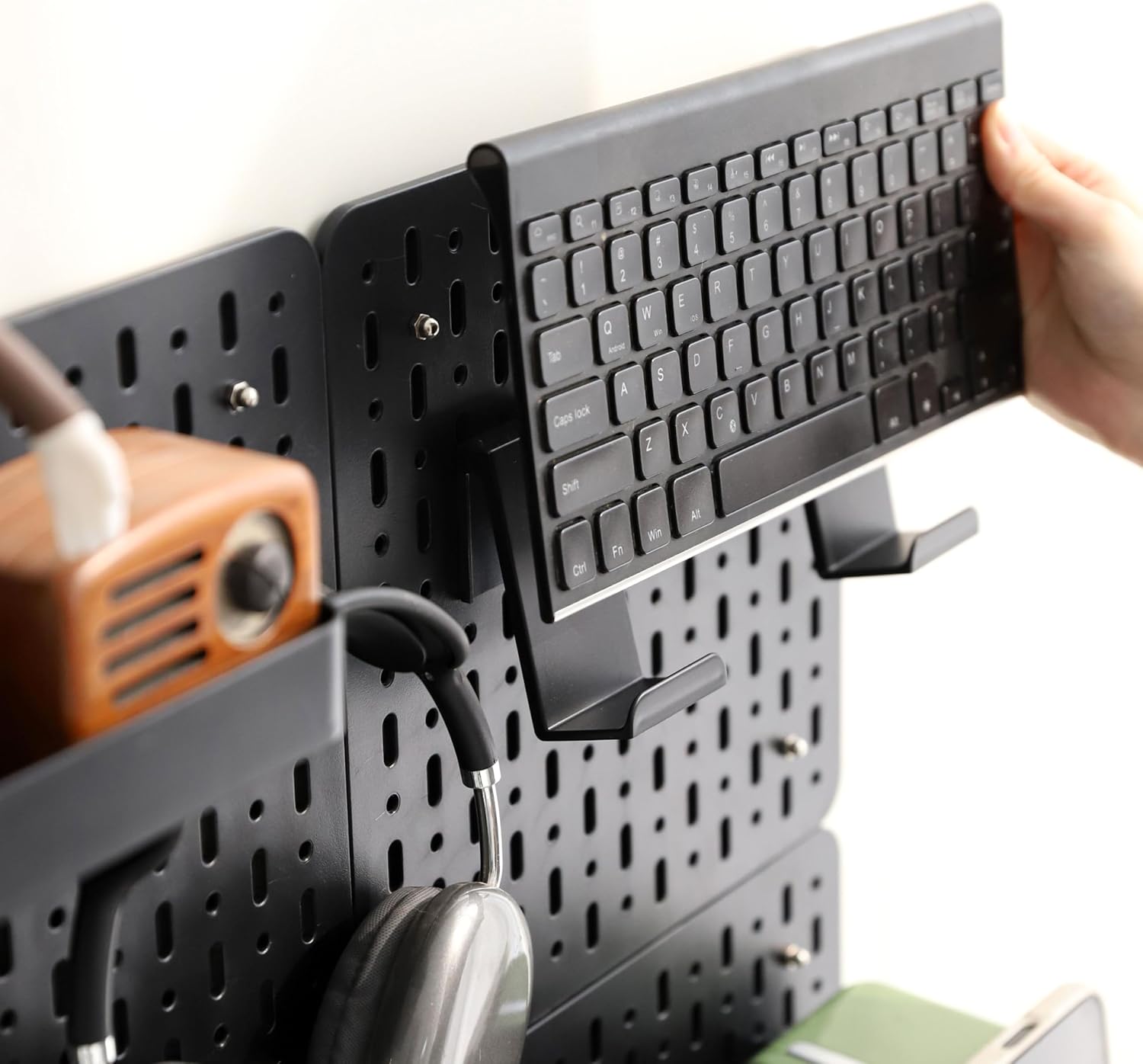 No Drill Pegboard Wall Organizer - HIPS Material Gaming & Office Storage with Accessories, White/Black/Pink Combination for Men Women Space-Saving (Black)