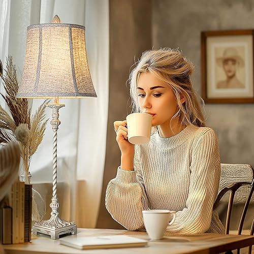 Miniatura 6 de LuxSight - Lámpara de mesa estilo vintage europeo, estilo vintage, 33 pulgadas de alto, tela de lino blanco marfil, pantalla suave, atenuación