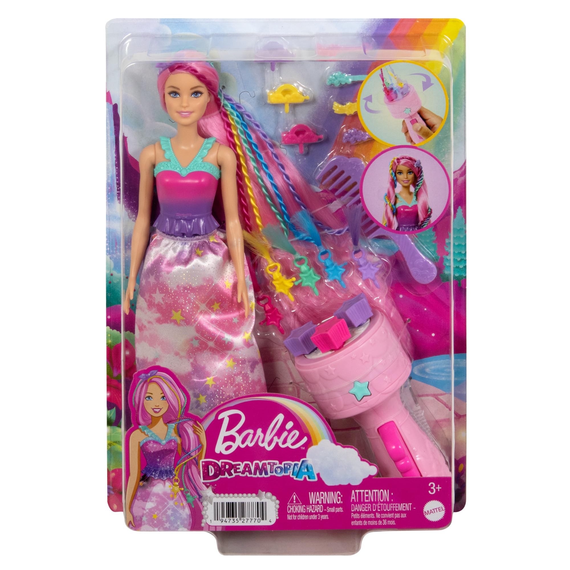 Barbie Dreamtopia - Chioma da Favola, bambola capelli fantasia con treccia e piega, extension arcobaleno e accessori per lo styling inclusi, giocattolo per bambini, 3+ anni, JCW55