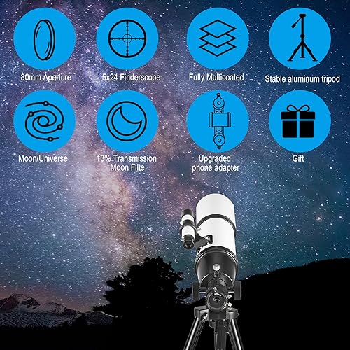 Miniatura 6 de Telescopio Celticbird para adultos de alta potencia, apertura de 80 mm, montura AZ de 600 mm, telescopio refractor para niños principiantes -