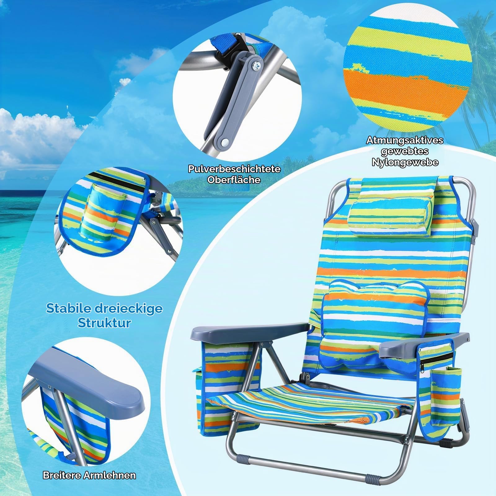 LIFERUN Strandstuhl Klappbar,2er Set,mit Verstellbare Rückenlehne,Grün | Rucksackfunktion, 4-stufig Verstellbar, mit Kühlfach, Kopfstütze, Lendenkissen & Atmungsaktivem Oxford-Gewebe für Outdoor
