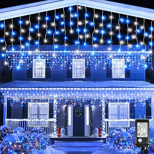 Miniatura 18 de Luces de carámbano para exteriores, 33 pies, 400 luces LED de Navidad para exteriores con 8 modos, 75 gotas, tira de luces impermeables para