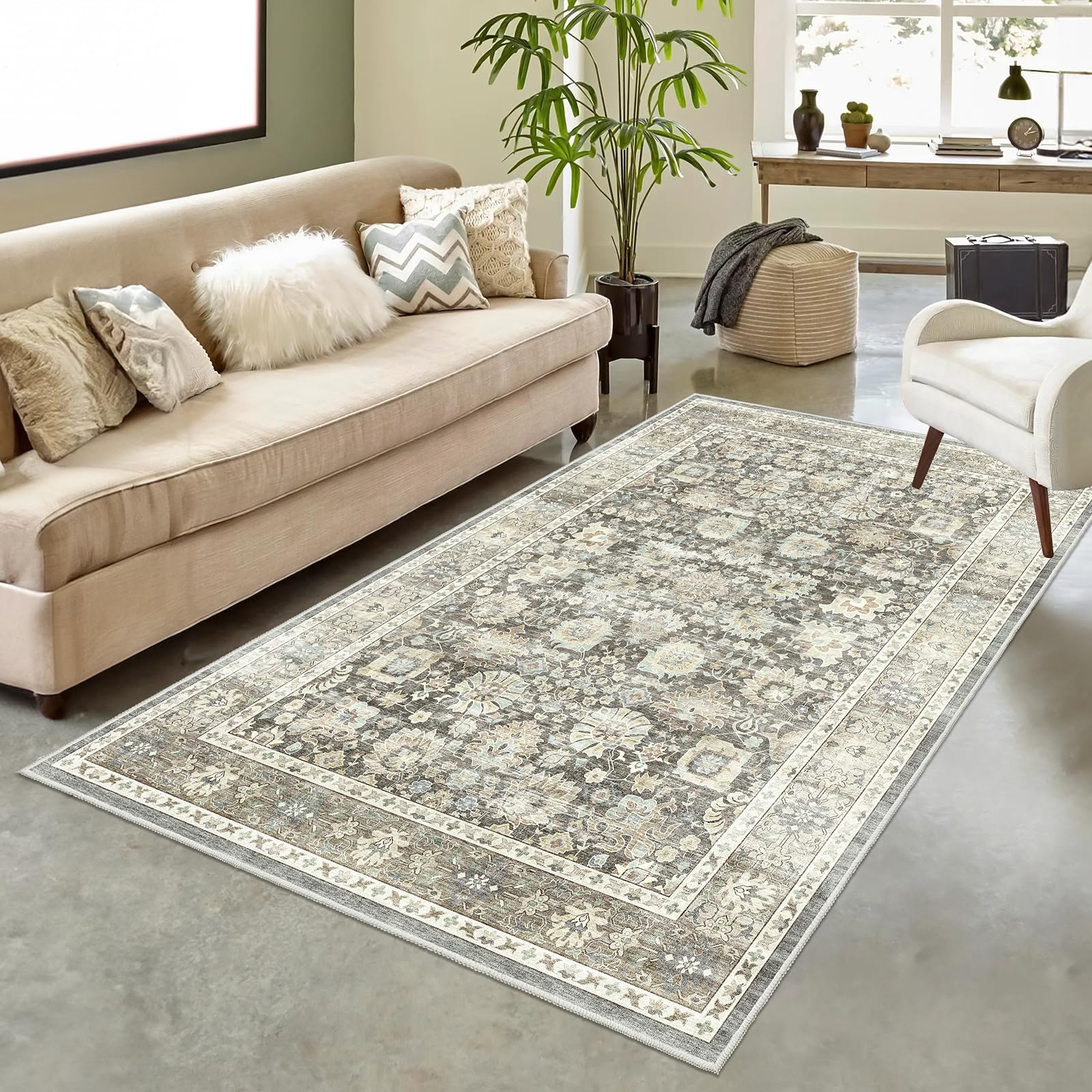 HOMFINE Alfombra Vintage Alfombra Salon - Alfombra Grande Salon Alfombra Lavable Alfombra de Dormitorio de Pelo Corto para Pasillo Larga Habitacion Comedor Antideslizante Gris 80 x 150 cm
