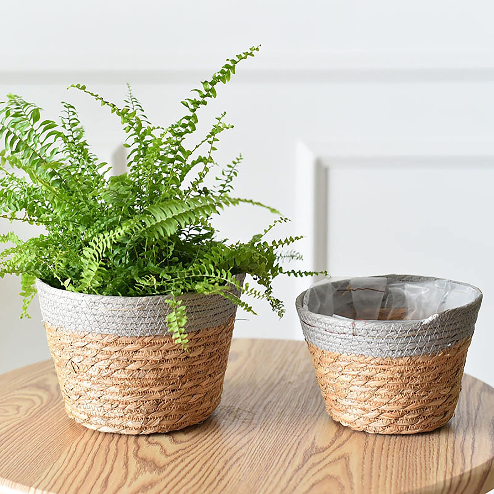 Koomuao Vaso di paglia, cesto per piante intrecciato, cesto portaoggetti per vasi di fiori a cerchio di mare, cesto da fioriera per piante grasse, decorazione interna o esterna, colore: beige