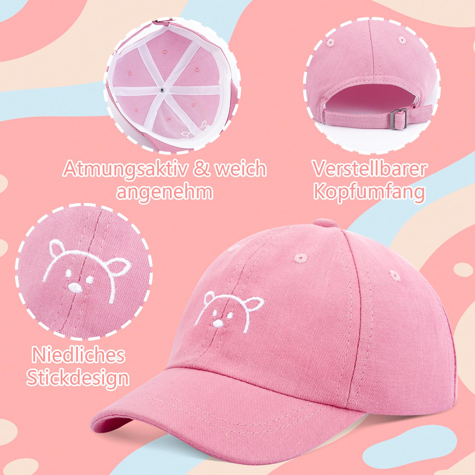 2 Paar Baby Kinder Baseball Cap, Verstellbar Sonnenhut Baby Kappe für 2–6 Jahre Junge Mädchen, Snapback Baumwolle Baseballmütze with Bärenmuster Kleinkind Sonnenhut