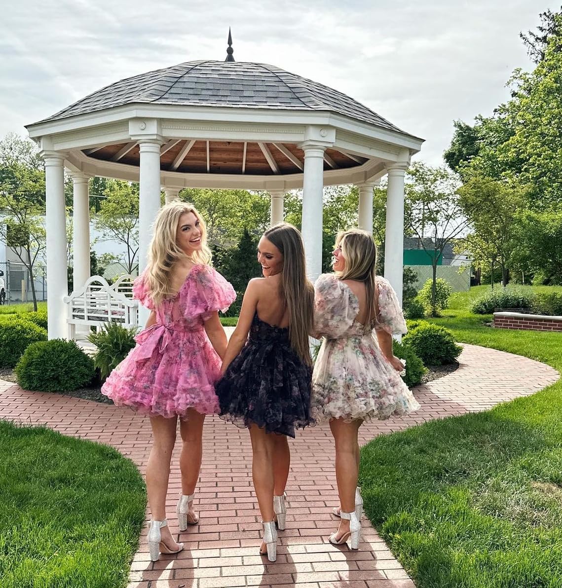 Off Shoulder Tulle Homecoming Dresses Puffy Sleeve Short Prom Dresses for Teens A Line Cocktail Dress