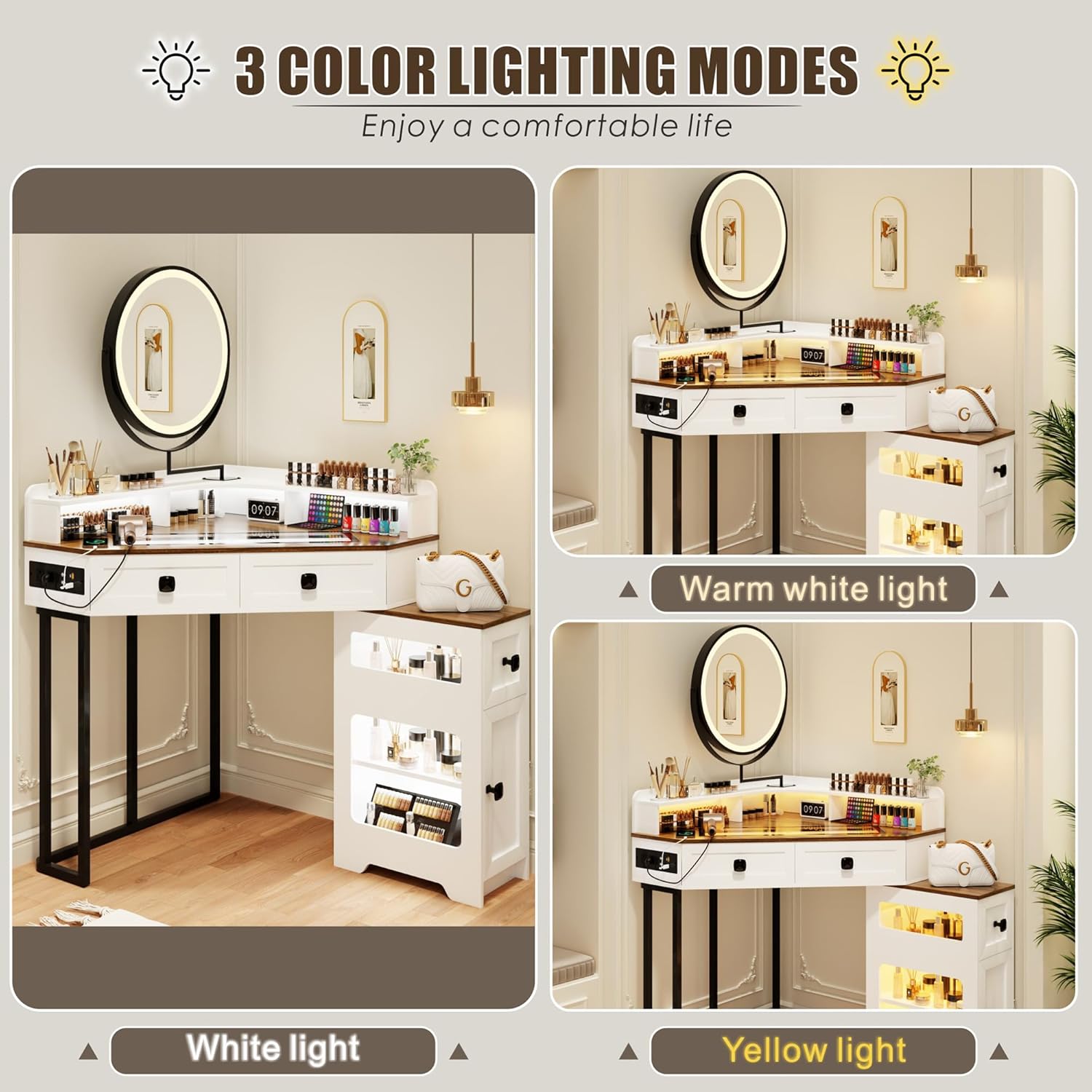 FREDEES Makeup Vanity with Mirror and Lights, Corner Vanity Table with Charging Station for Bedroom/Cloakroom, Glass Top Vanity Set with Drawers and Shelves, White