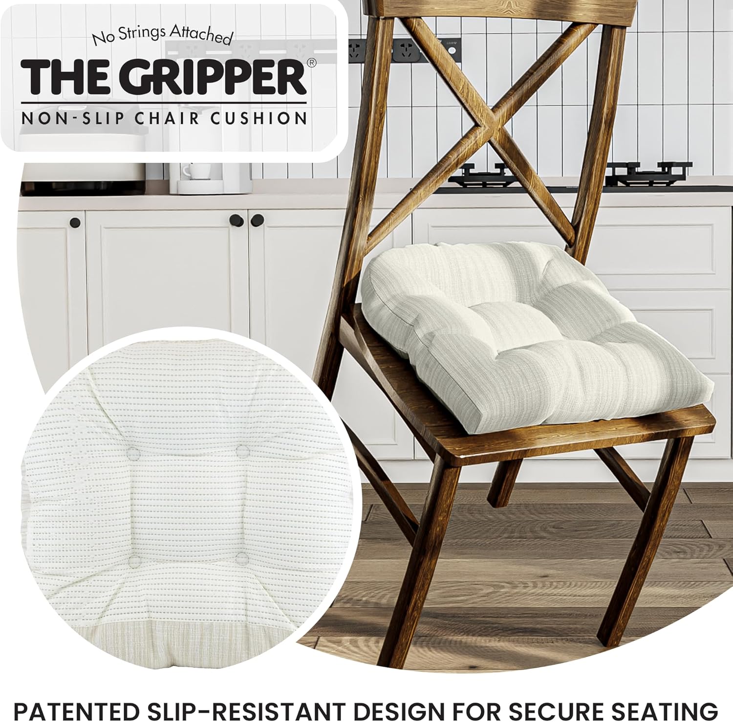 Klear Vu Gripper Overstuffed Universal Non-Slip Dining Chair Cushions for Kitchen Decor or Office Use, U-Shaped Skid-Proof Seat Pad, 17x17 Inches, 2 Count (Pack of 1), Chenille Cream