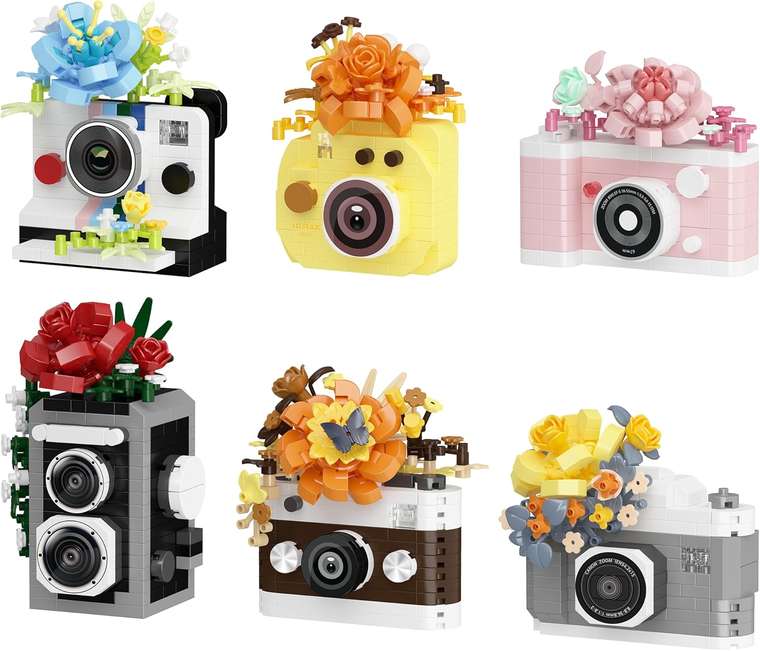 6 Set Cute Flower Camera Series Mini Building Toy Bricks Micro Blocks Kit Miniature Toys Ideal for Home Decor Desktop