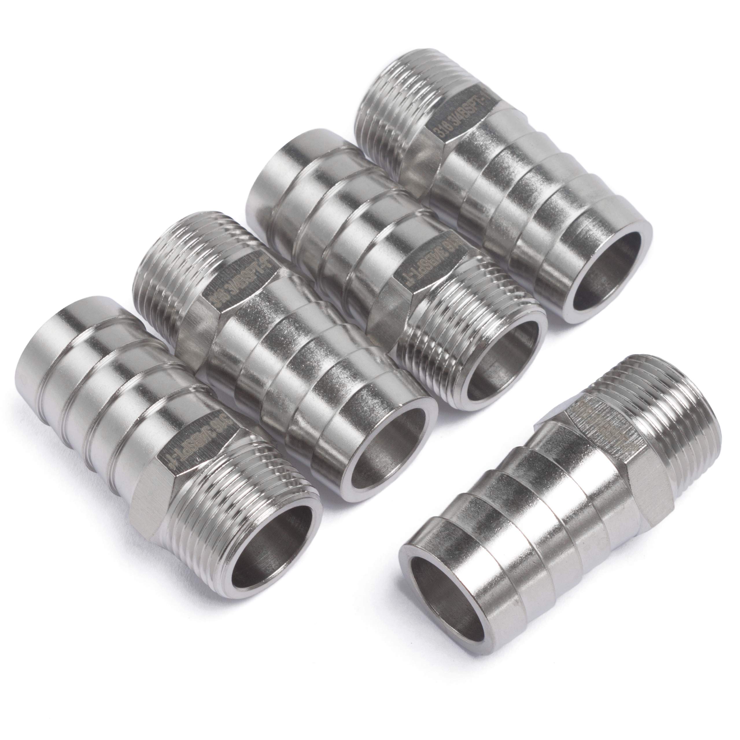 LTWFITTING Stainless Steel 316 Barbed Fitting Connector 3/4-Inch Male BSPT x 1-Inch(25mm) Hose Barb Fuel Gas (Pack of 5)