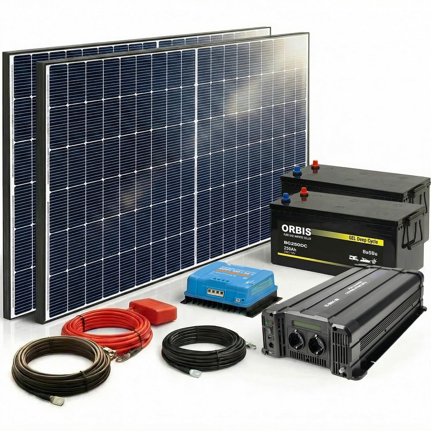 Insel Solaranlage 3000W Komplettset 24V/230V mit 2x250Ah Gelbatterie, 2x450W PV Module, Wechselrichter 3000W, netzunabhängig für Tinyhaus, Wohnmobil, Garten, Hausboot | BaSBa BA24-3000-Gel