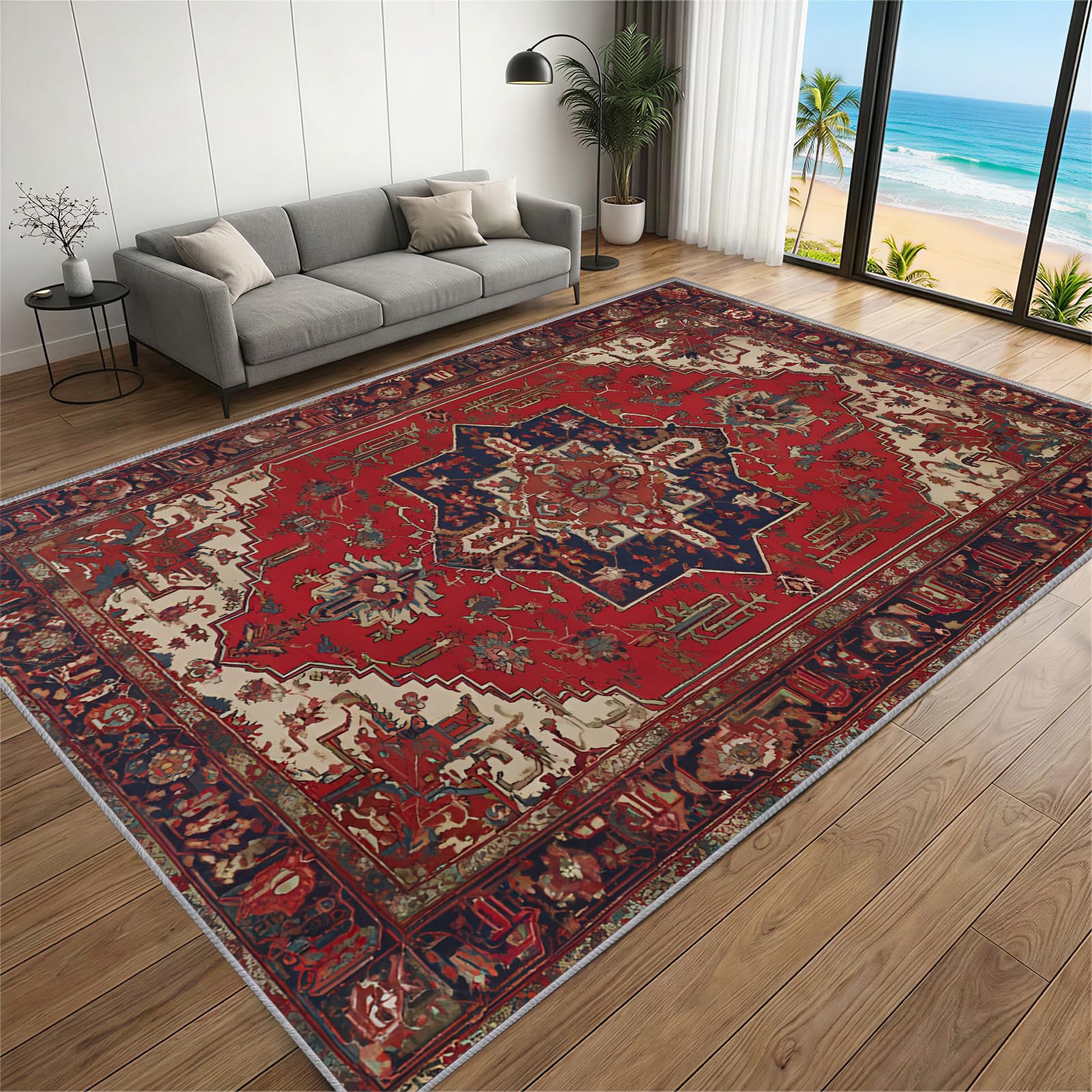 BEQUTIY Vintage Rug 150 x 180 cm, Traditional Western Tribal Style Area Rugs, Red Bohemian Style Soft Short Pile Machine Washable Non Slip Rug, Dining Room, Bedroom Kitchen — image 1