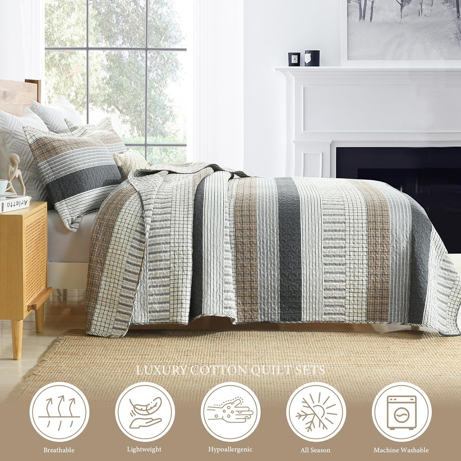 Uniclinens 100% Cotton Quilt Set Queen Size, Queen Quilt Bedding Set Bedspreads, Farmhouse Striped Coverlet, Lightweight Comforter Quilt, 3 Pieces Set with 2 Pillowshams, Gray/Brown/Beige - Image 3