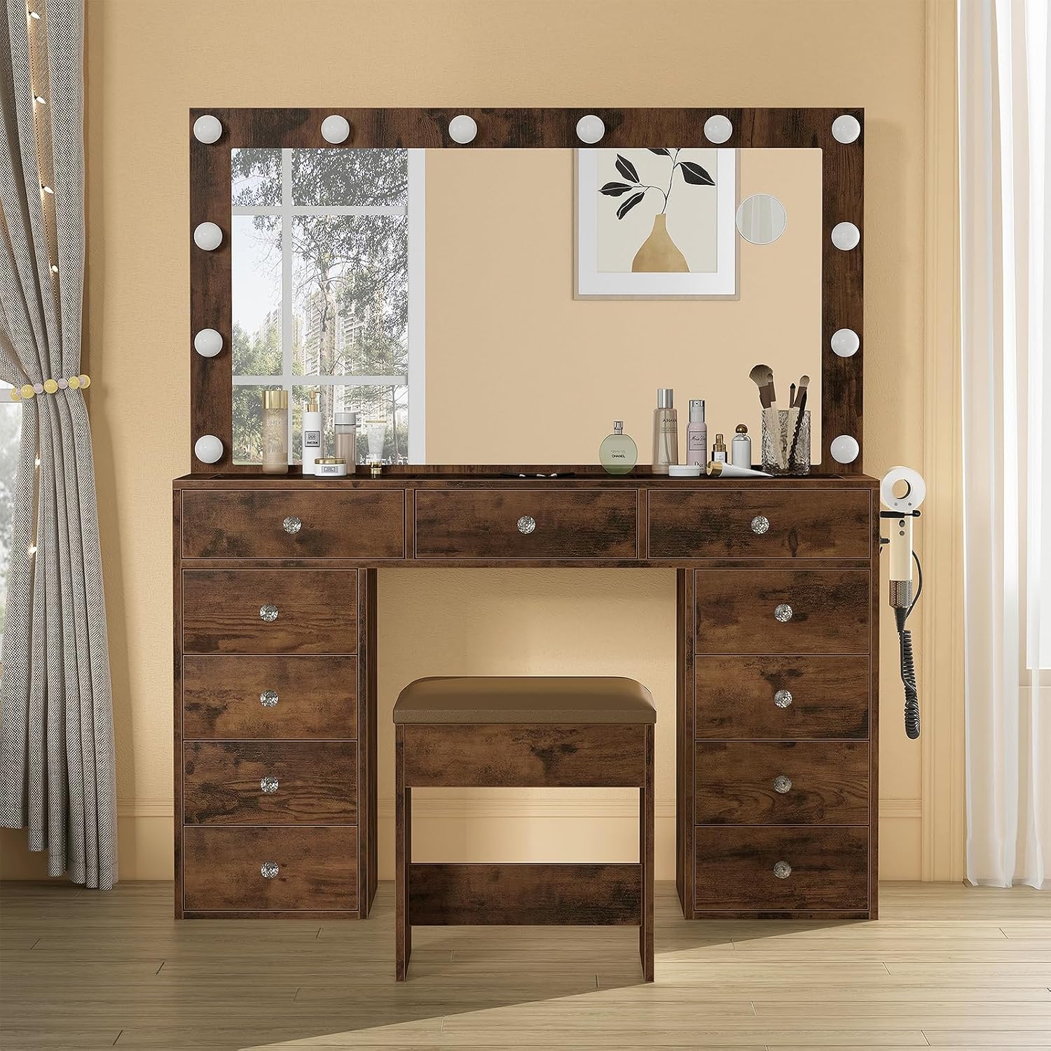 Assembled FUSOU Vanity Desk with mirror, lights, and stool