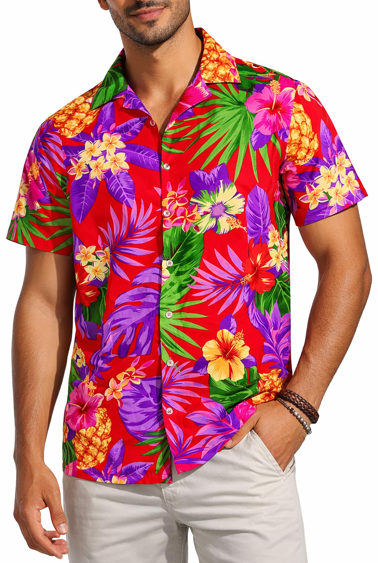 King Kameha Men's Red - Pineapple Hawaiian Shirts For – Hawaiian Shirt With Pineapple Print, Summer Shirts For Uk - Botton Down Shorts Sleeve Shirt - Aloha Holiday Clothes - Pineapple, Red, L