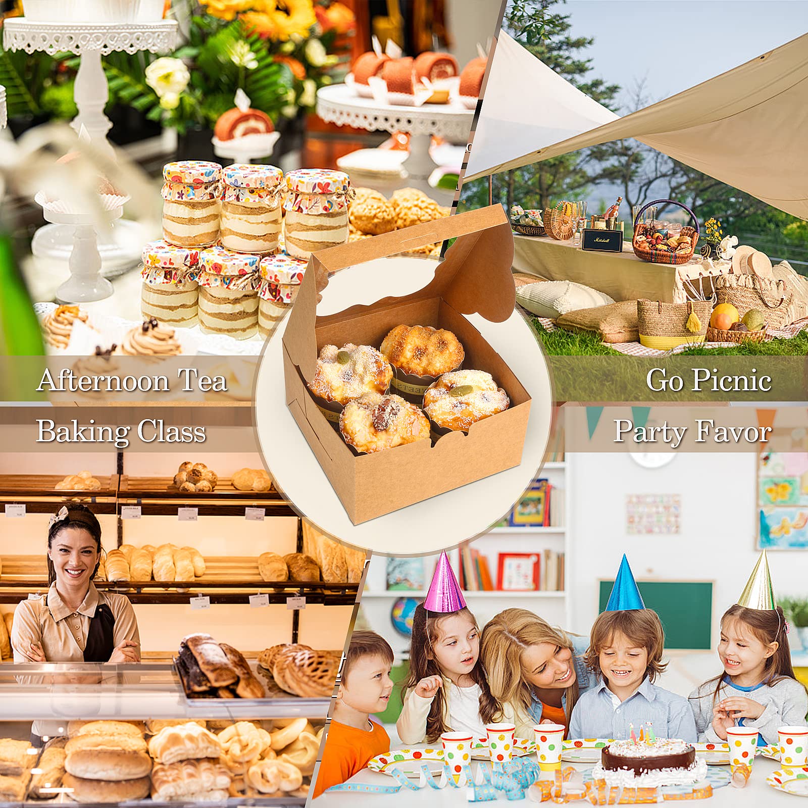 KPOSIYA 65 cajas de panadería con ventana de 6 x 6 x 3 pulgadas, 5 cajas de galletas pequeñas para dulces, postres, pasteles, donas, fiesta de cumpleaños, boda (marrón)