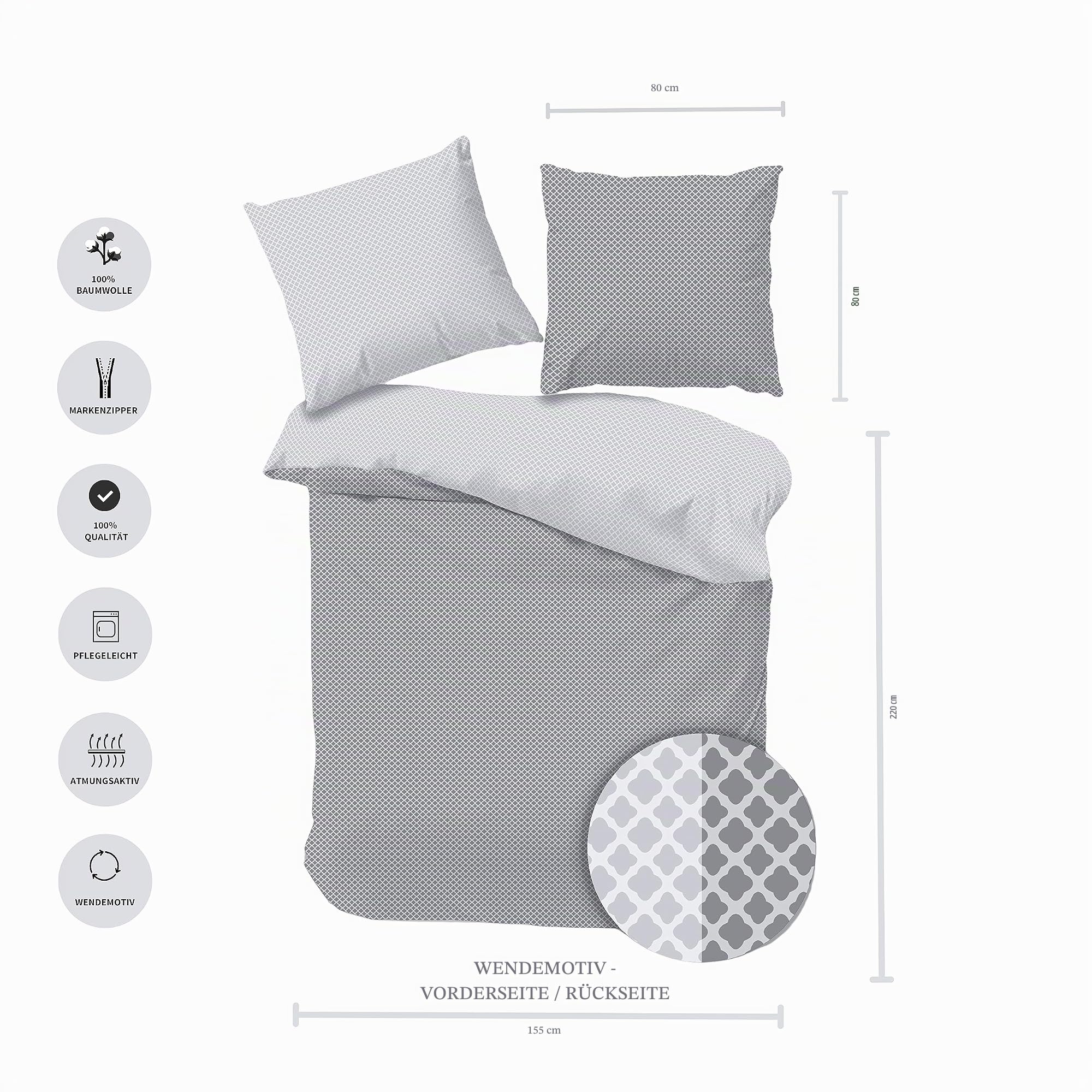 Bettwäsche 155x220, 100% Baumwolle, Öko-Tex, für Allergiker geeignet, mit Reißverschluss, Traumhelden Wende-Bettwäsche Set anthrazit grau, Kissenbezug 80x80 + Bettbezug 155x220, maritim