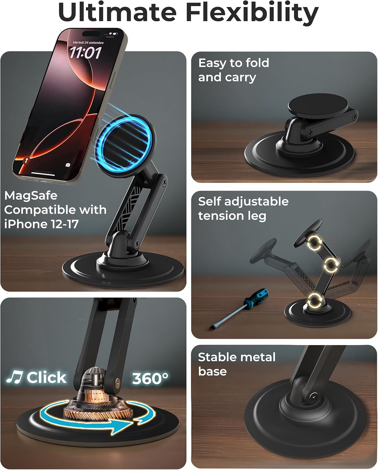 COOPER Mag360, Desktop MagSafe Stand for iPhone 17 Pro Max (16/15/14/13/12), Magnetic Phone Holder for Desk, 360° Rotating, Height Adjustable, Magnetic Phone Stand for Desk, with Metal Ring (Black) - Image 3