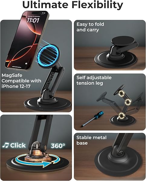 COOPER Mag360, Support de téléphone magnétique Compatible MagSafe, Rotation 360°, Support de Bureau pour iPhone 17/16/15/14/13/12, avec Anneau métallique pour Autres téléphones (Noir Piano) - 3