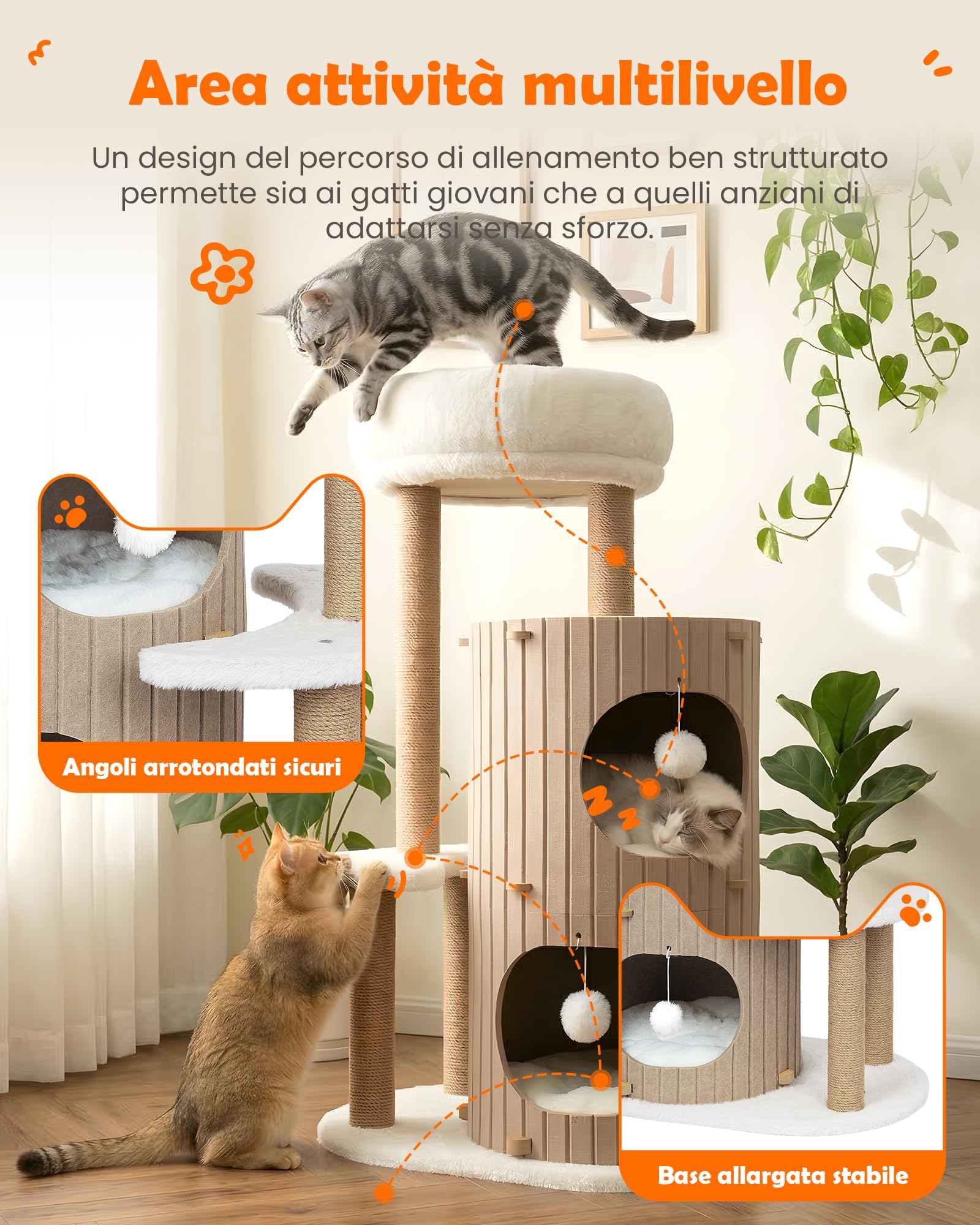 Di lusso Tiragraffi per gatti – Albero di gatto con casetta per gatti, tavola in sisal, letto rimovibile e palla da gioco |Albero da arrampicata (Beige, Tiragraffi per Gatti)