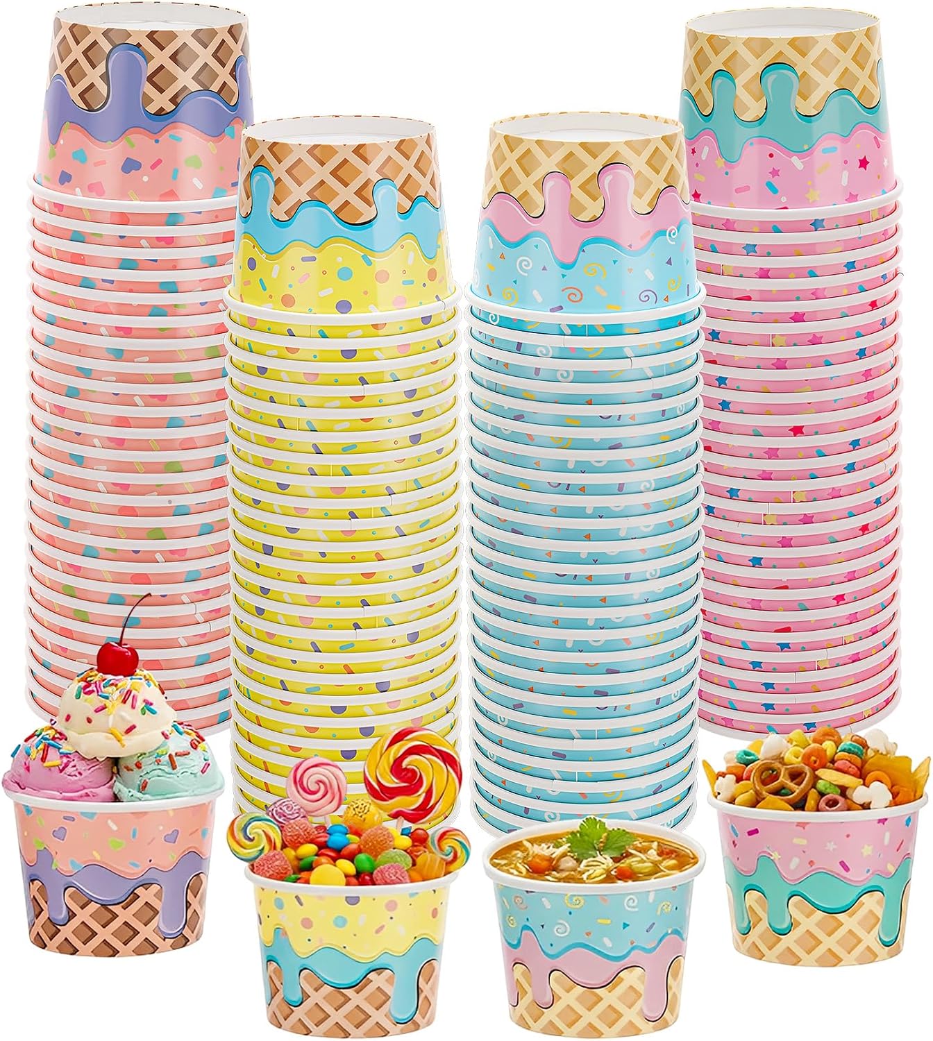 100 Pcs Paper Ice Cream Cups 8 Oz Disposable Dessert Bowls 4 Designs for Hot or Cold Food Sundae Frozen Yogurt Soup Party Supplies