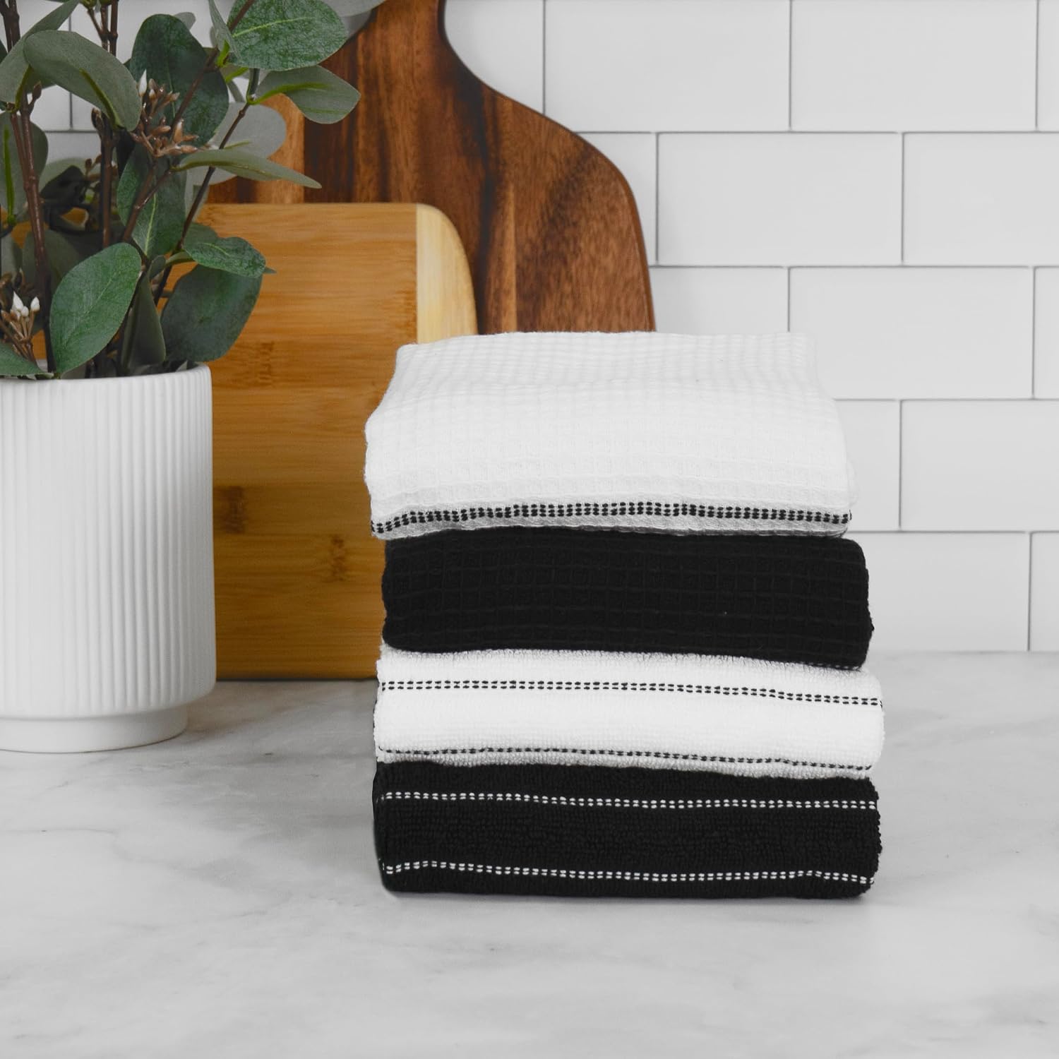 All-Clad Premium Skipping Stripe & Wave Towels: Highly Absorbent, Super Soft Long Lasting 100% Cotton, 17"x28" Kitchen Towels for Cleaning & Drying Dishes, Pans, Glassware, 4-Pack, Black image 5
