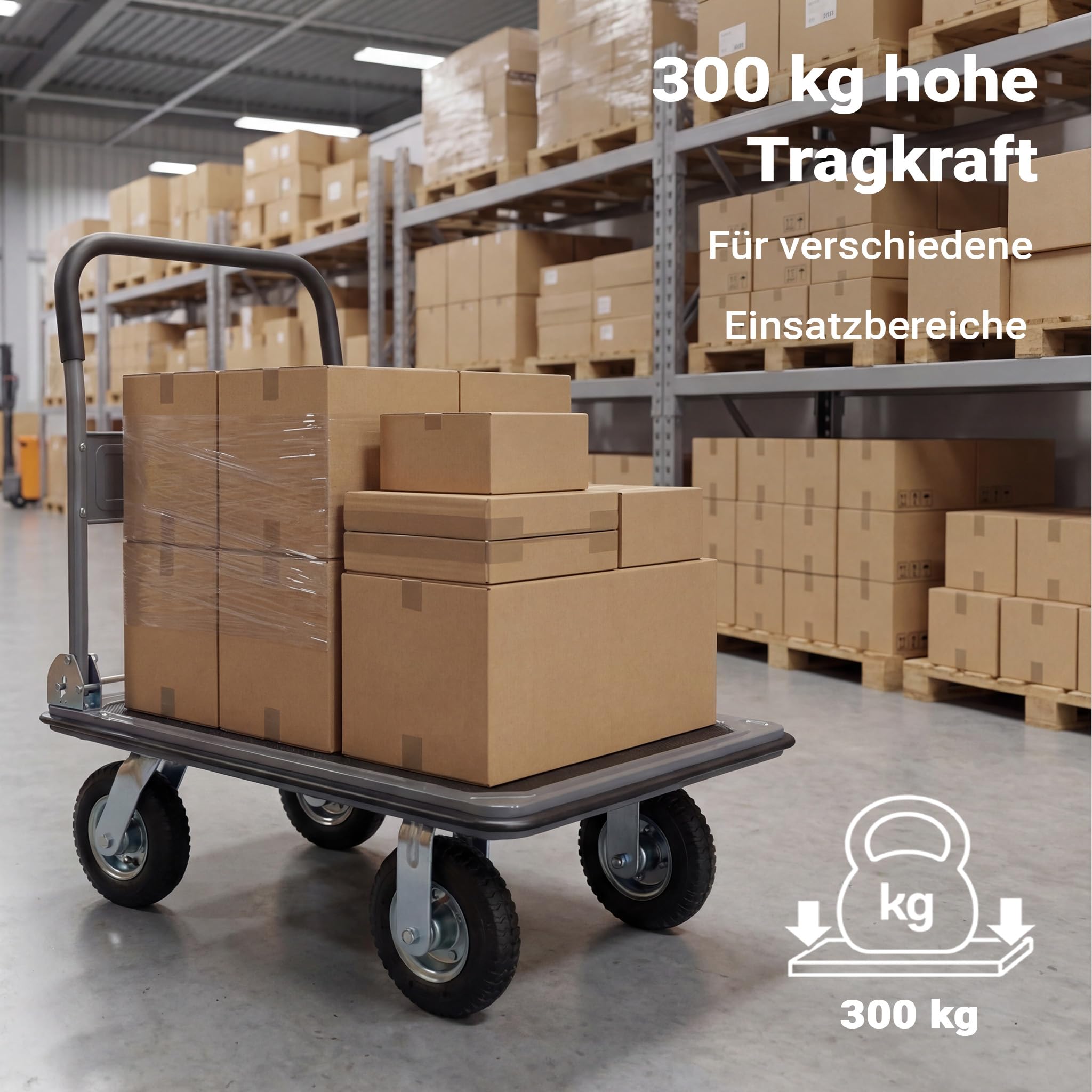 Wiltec Wózek transportowy platformowy 300 kg, składany wózek magazynowy 895x610x985 mm, ręczny wózek z pompowanymi kołami i antypoślizgową platformą