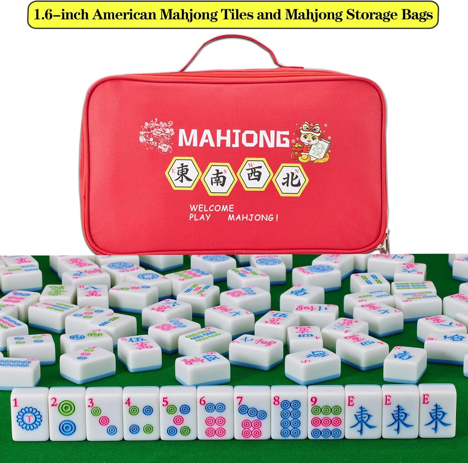 Blue American Mahjong Set 1.6-inch Mahjong Tile Set 166 Pieces Large American Mahjong Tile Set with Storage Bag