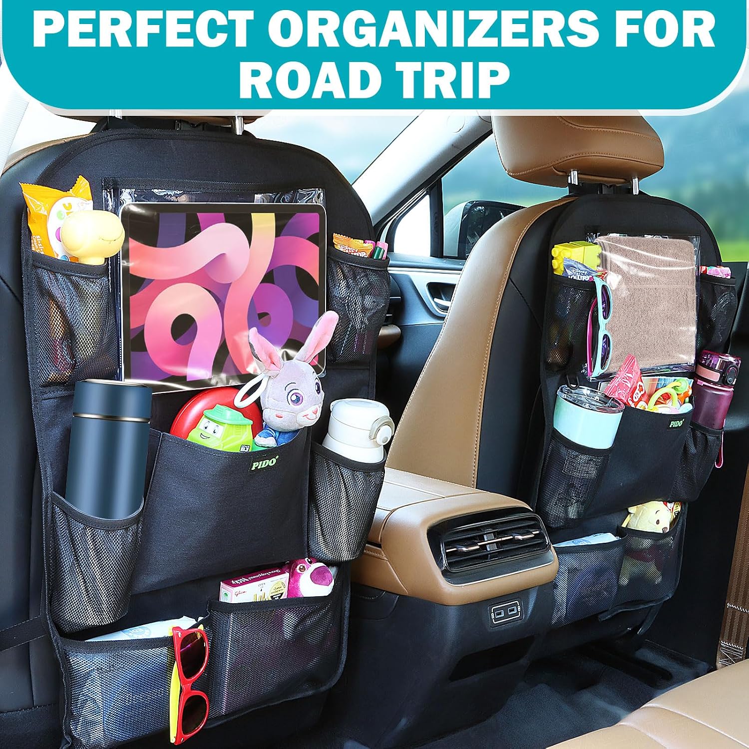 PIDO Backseat Car Organizer, Car Seat Organizer for Kids with Touch Screen Tablet Holder and 8 Pockets, Automotive Seat Back Kick Mat Made with Heavy Duty Fabric, Road Trip Essentials, 2 Pack
