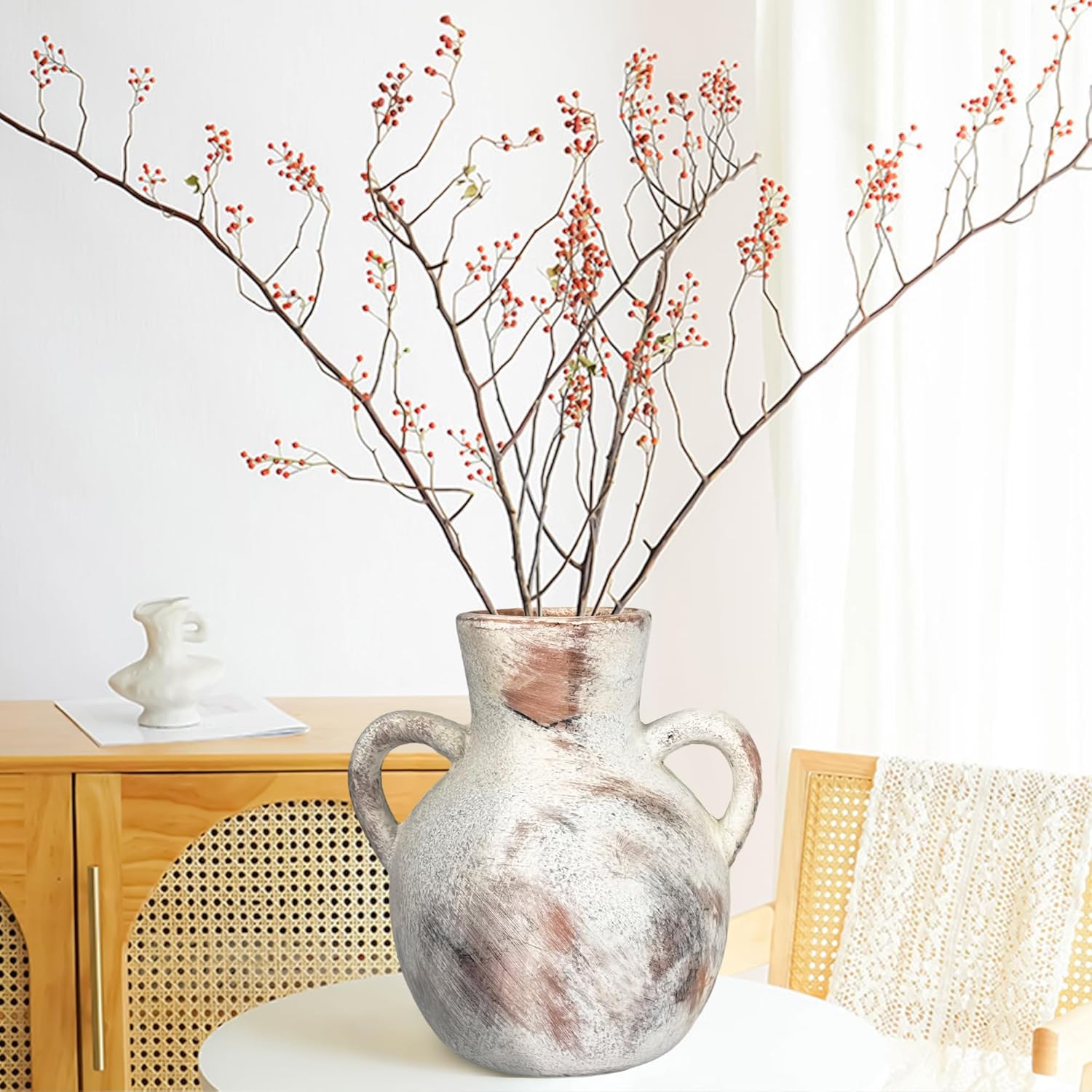 Rustic Ceramic Flower Vase with 2 Handles, Rustic Pampas Grass Vases, Farmhouse 7.5Inch Decorative, Flower Ceramic Vase for Home Decor, Table, Living Room Decoration, Office - Image 4