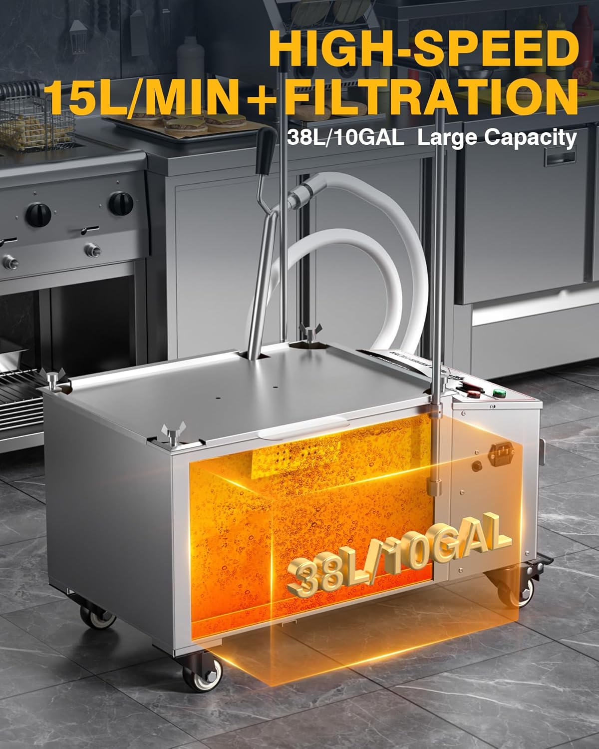 PYY Fryer Filter Machine - 38L/10GAL Mobile Fryer Oil Filter Machine 15L/min 1700RPM Stainless Steel Commercial Deep Fryer Oil Filtration Grease Filter Machine for Restaurant Supermarket