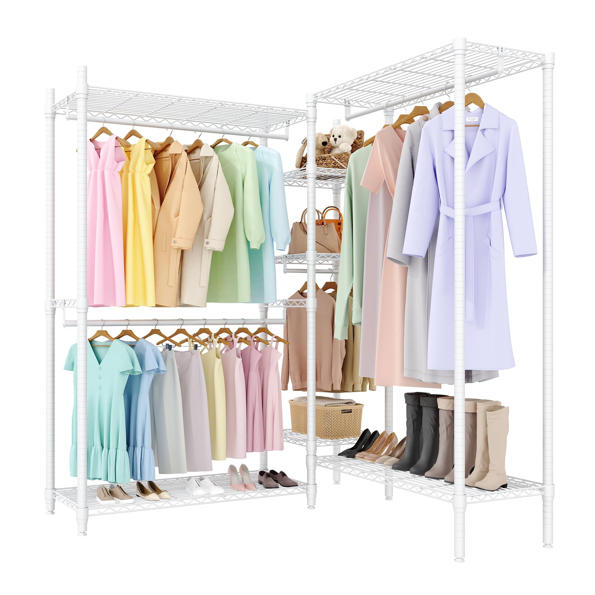 Aptliton L-Shaped Clothes Rack, Set of 3, White Metal Wardrobe with 2 Shelves and 3 Clothes Rails, Corner Wardrobe, 225 x 45 x 180 cm, Open Wardrobe for Dressing