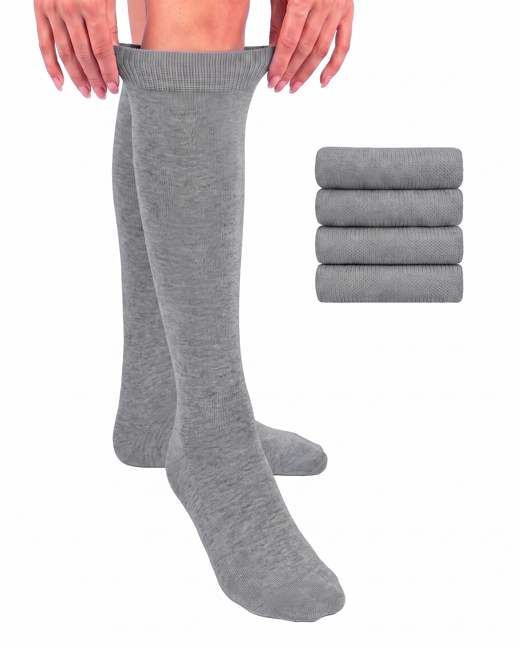 Hugh Ugoli Women Cotton Knee High Socks, 4 Pairs, Long Dress School Uniform