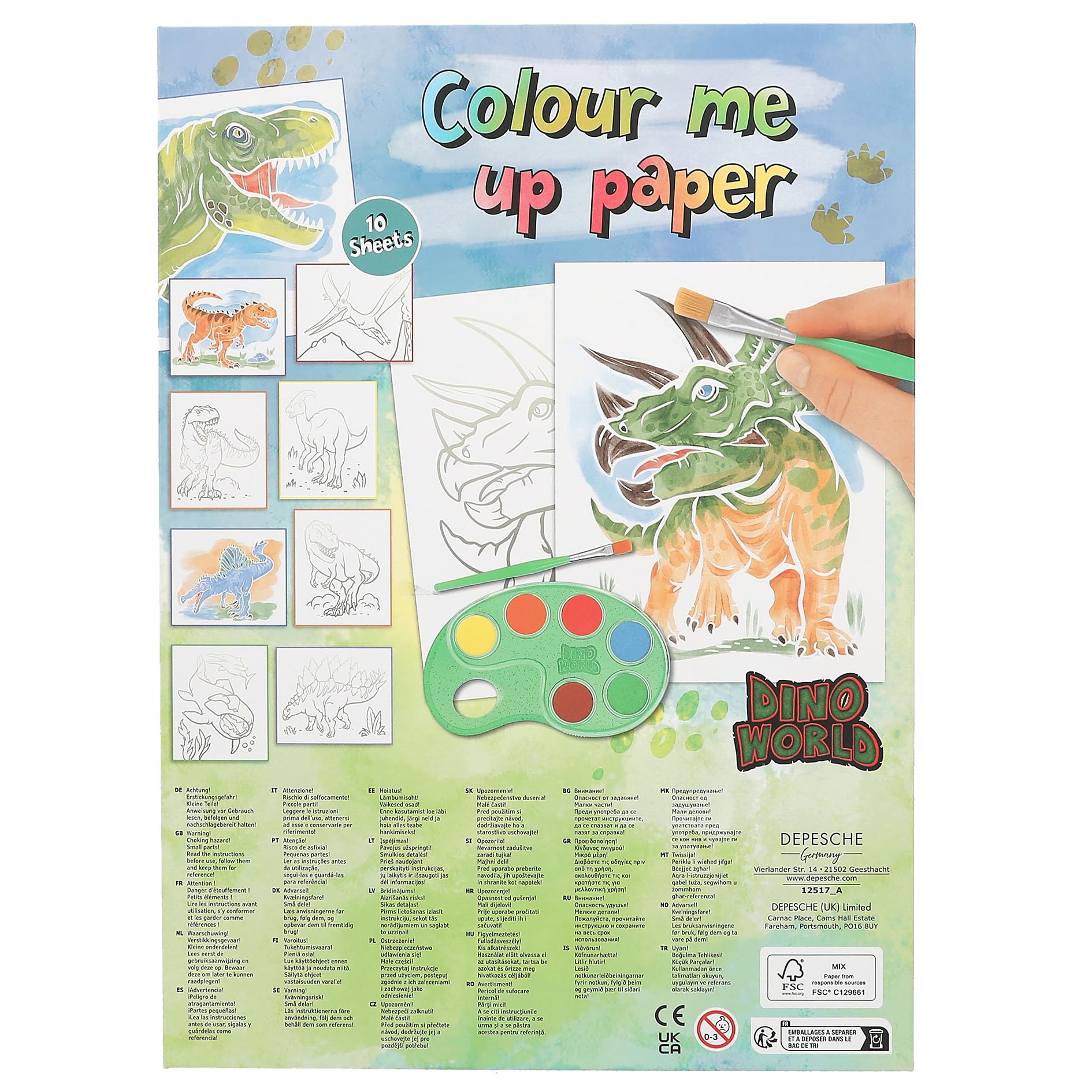 Depesche Dino World Colour Me Up Paper - Set Creativo Acquerelli Per Bambini Con 10 Fogli E 10 Colori - Istruzioni Incluse - 5