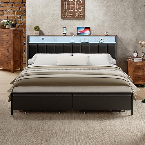 Miniatura 3 de Base de cama matrimonial con 2 cajones de almacenamiento, cabecera de poliuretano de almacenamiento de 2 niveles con estación de carga y luces LED,