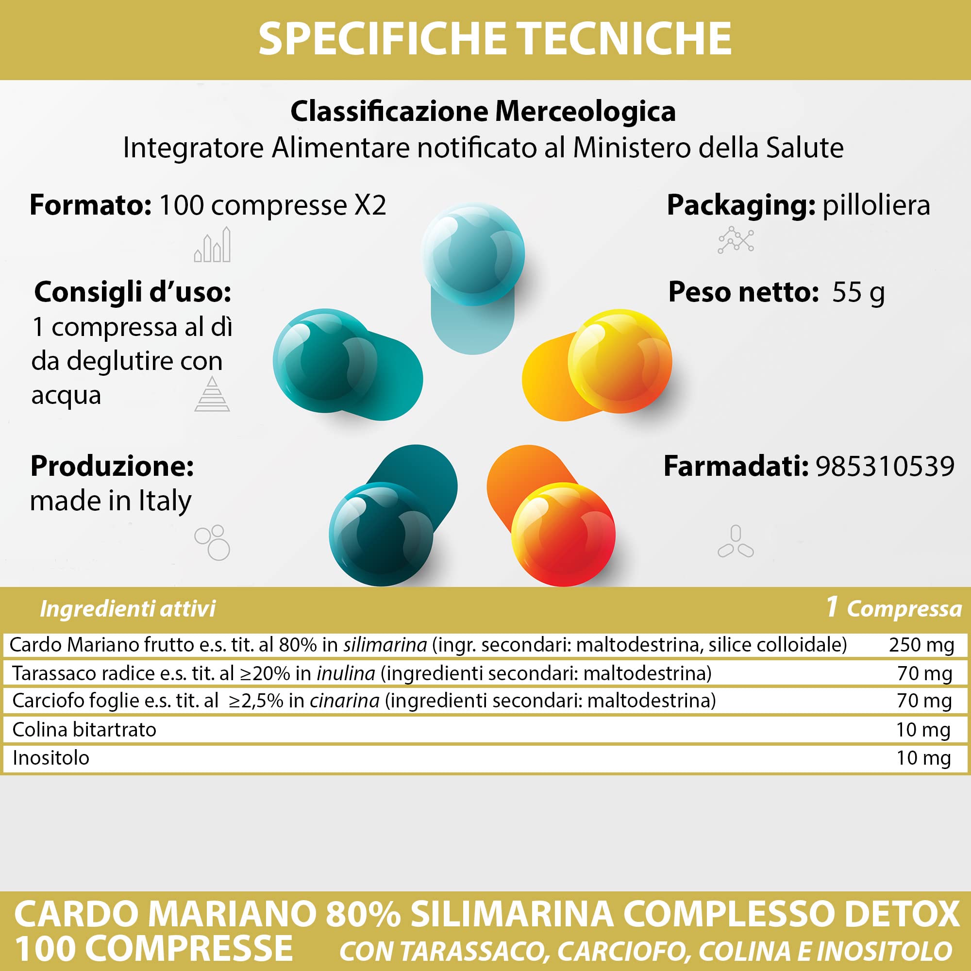 Cardo Mariano 80% Silimarina Complesso Detox 200 Compresse 1 al dì | con Tarassaco Carciofo Colina Inositolo | Senza Glutine | Depurativo Fegato LABOTTEGADEGLIINTEGRATORI