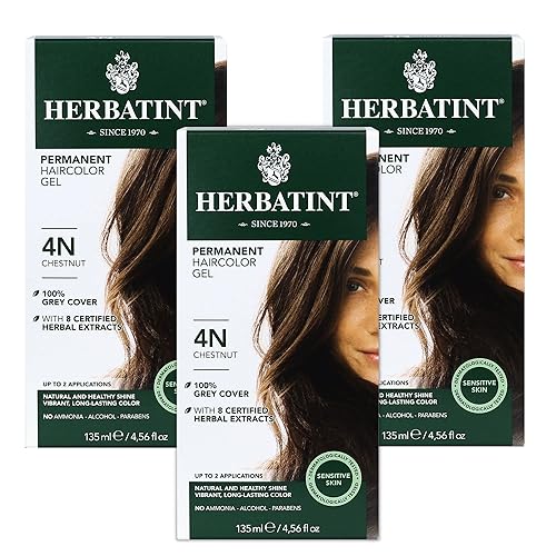 Herbatint Gel permanente para teñir el cabello, castaño 4N, sin alcohol, vegano, 100% cobertura de canas, 4.56 onzas (paquete de 3)