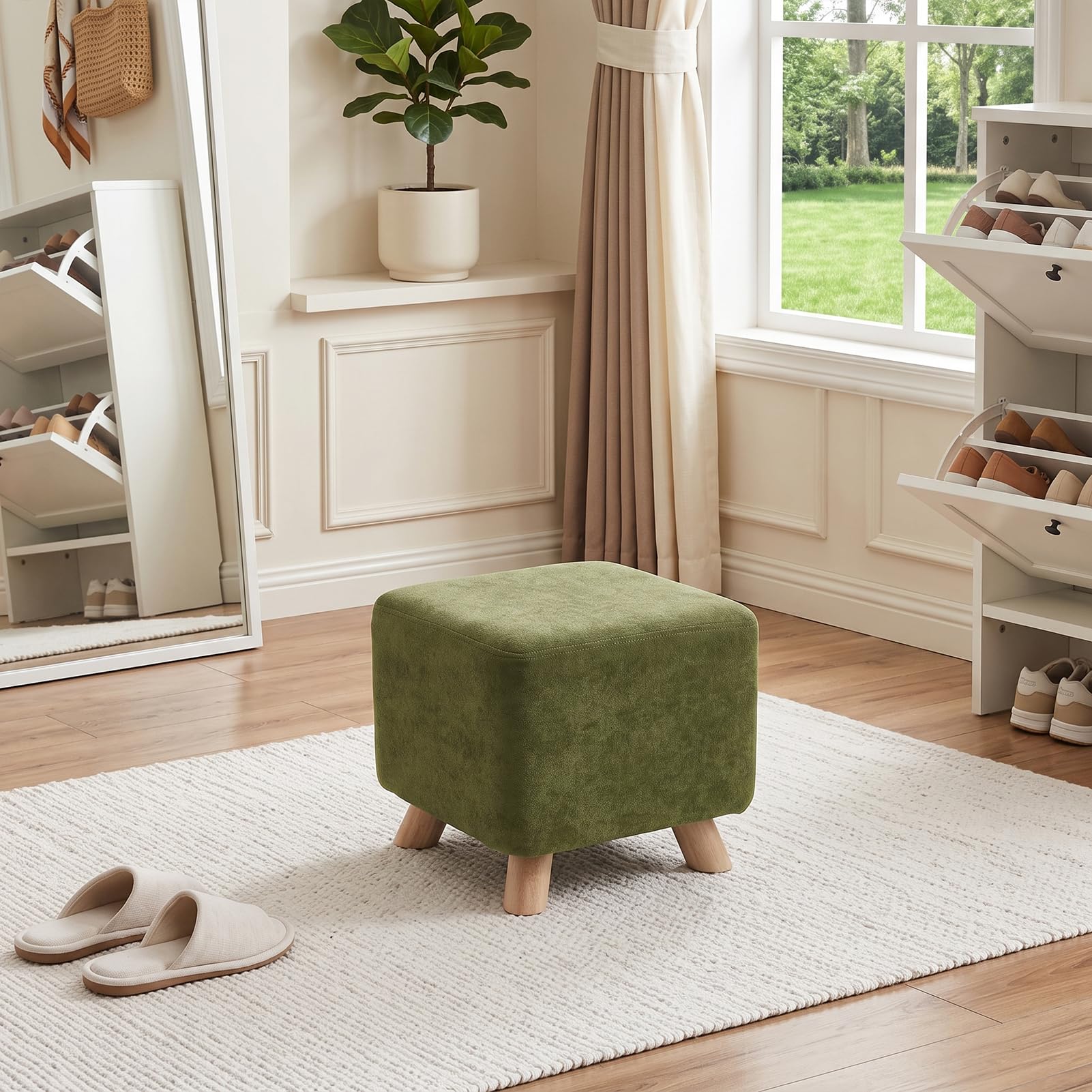 INMOZATA Footstool Chenille Upholstered Foot Stool, Olive Green, 28D x 28W x 26H cm - Image 4