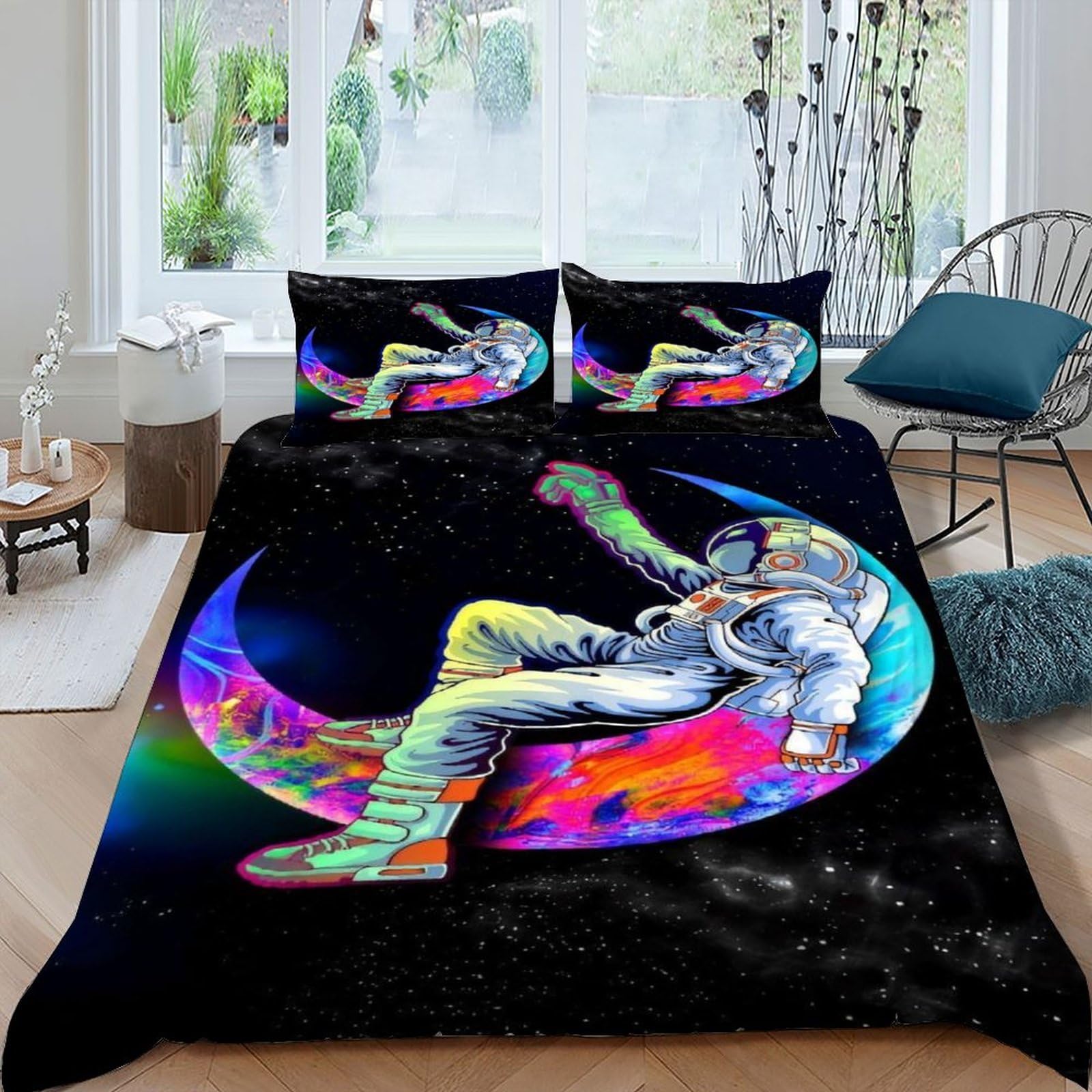 Housse de couette astronaute croissant et ciel étoilé 220x240 cm pour un sommeil paisible