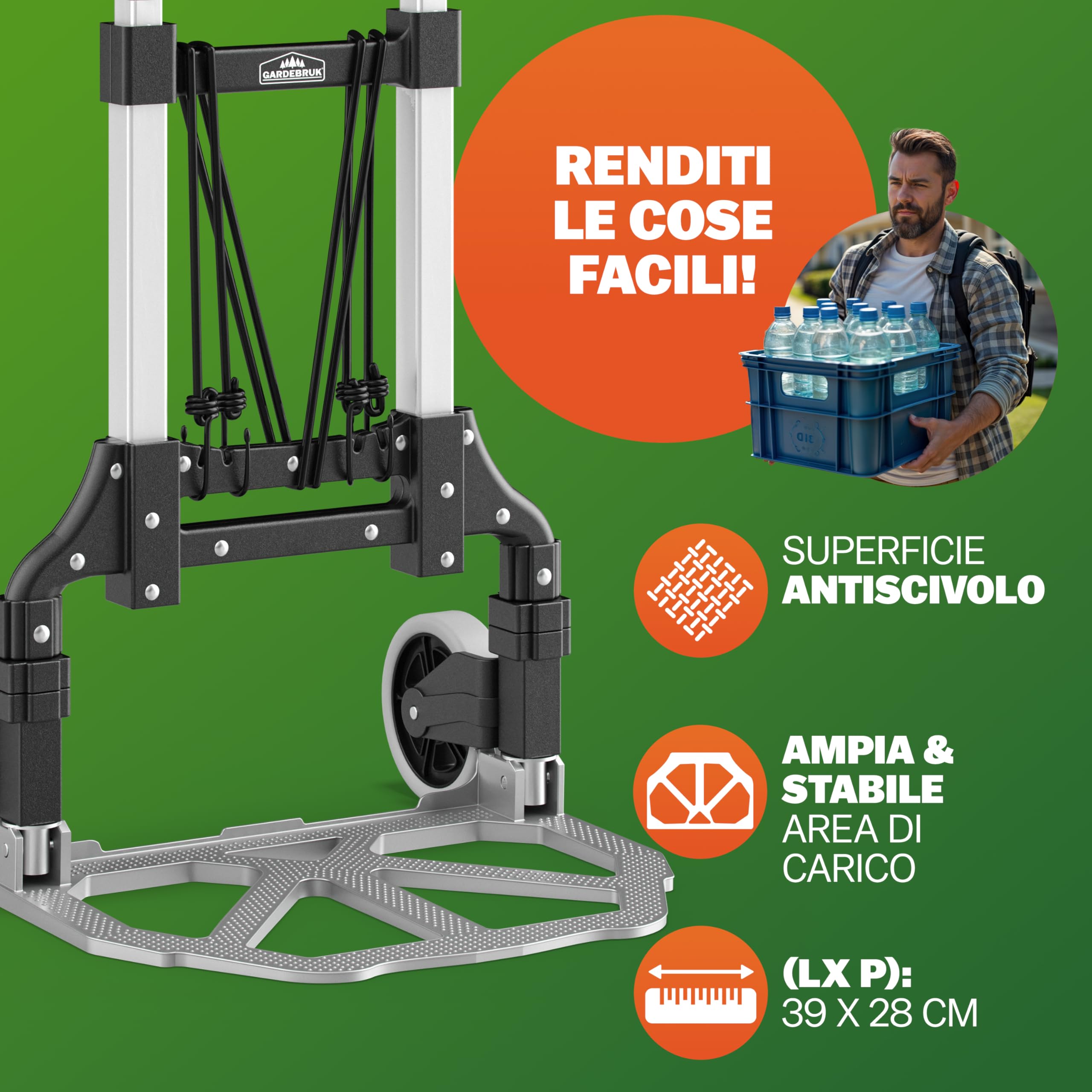 GARDEBRUK® Carrello Portatutto Pieghevole con Ruote in PP Antiforatura 80Kg Alluminio Incl. Guanti 2 Corde Carrellino Portapacchi Trasloco Scatole