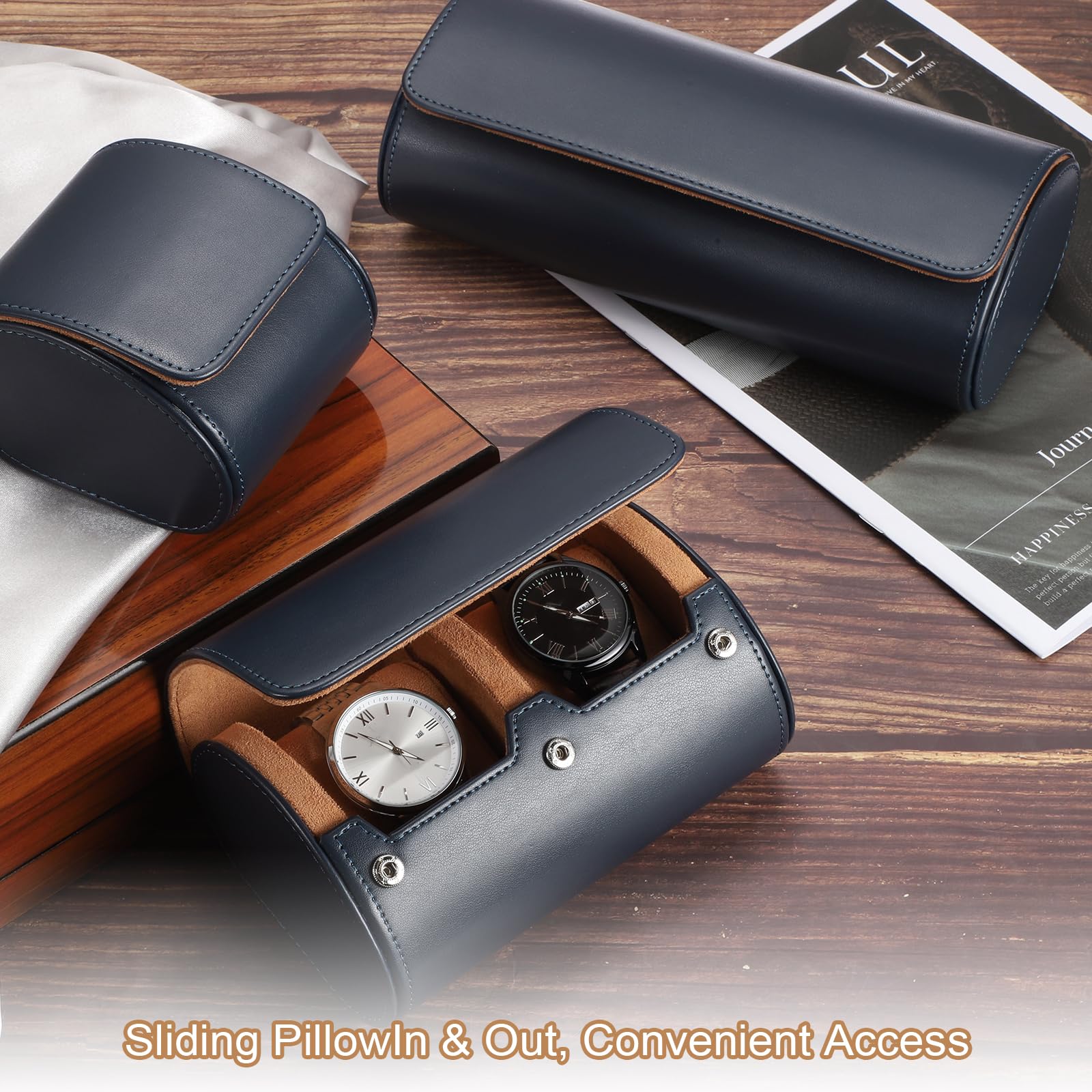 Custodia da viaggio per orologio da uomo in pelle, astuccio arrotolabile per orologio, scatola portaoggetti portatile per orologio, ideale per Natale, compleanno e anniversario, 1 scomparto (blu)
