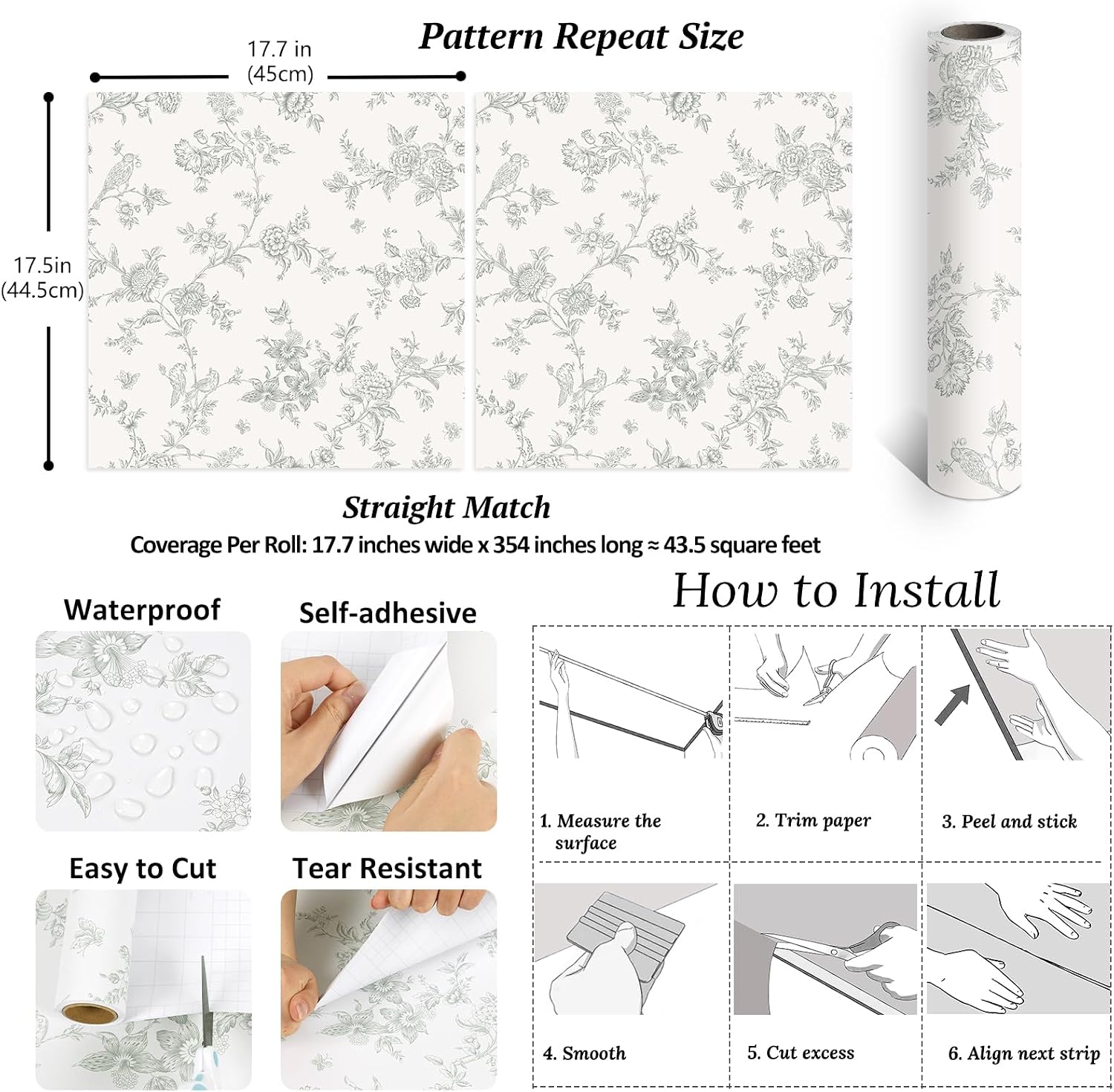 VEELIKE Vintage Sage Green Cottage Floral Wallpaper Peel and Stick Chinoiserie Toile Wallpaper with Birds 17.7''x354'' Self Adhesive Contact Paper Removable Wall Paper for Bedroom Nursery Bathroom