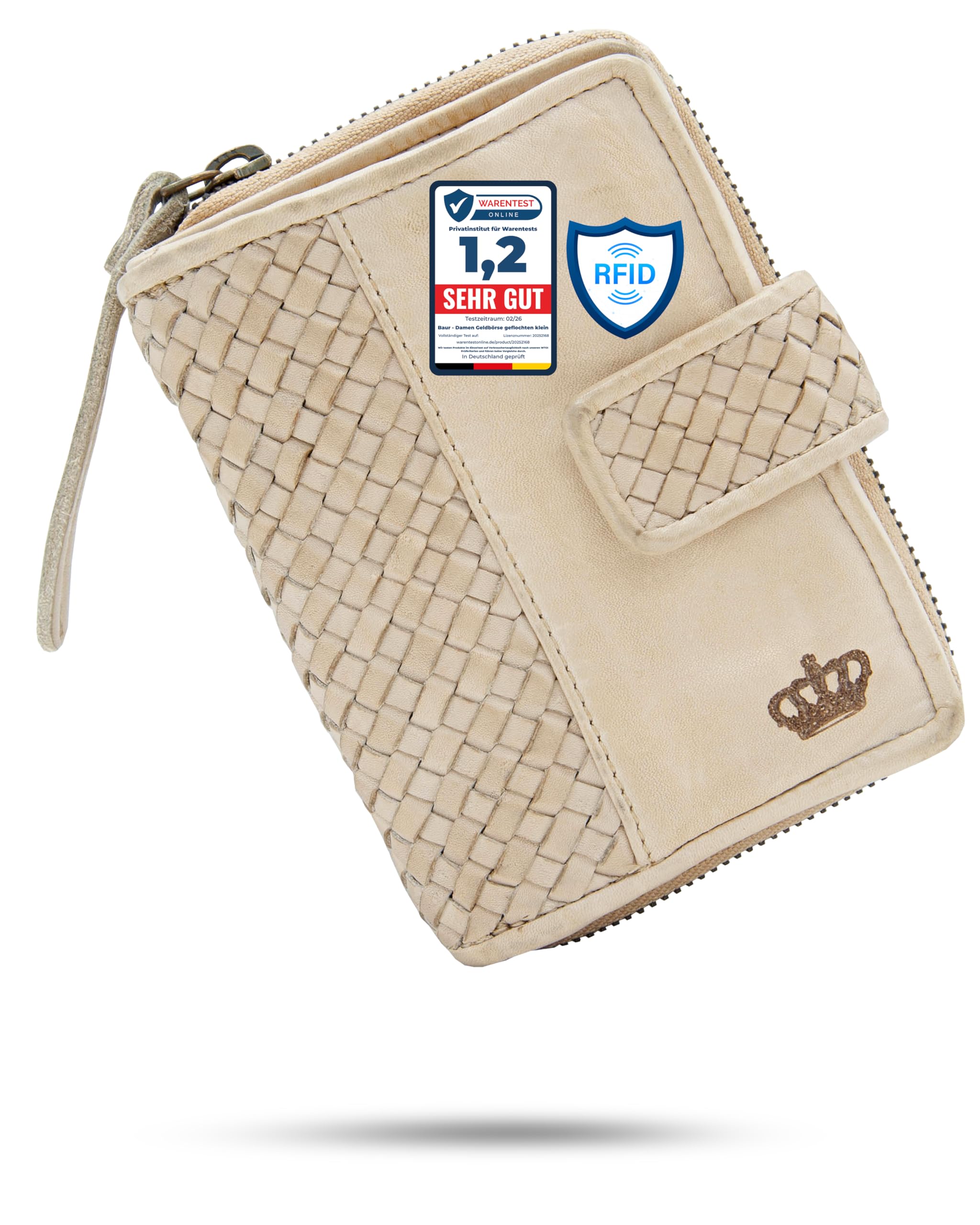 Baur Damen Geldbörse aus extra weichem Waschleder – Handgeflochtener Geldbeutel im Used-Look mit RFID-Schutz – Kleines Portemonnaie mit vielen Kartenfächern & Münzfach mit Reißverschluss (Beige)