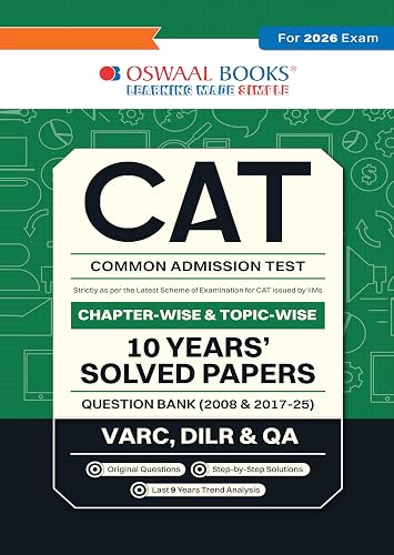 Oswaal CAT (COMMON ADMISSION TEST) | 10 YEARS’ | Chapterwise & Topicwise | Solved Papers | Question Bank |2008 & 2017 - 2025|(For 2026 Exam)