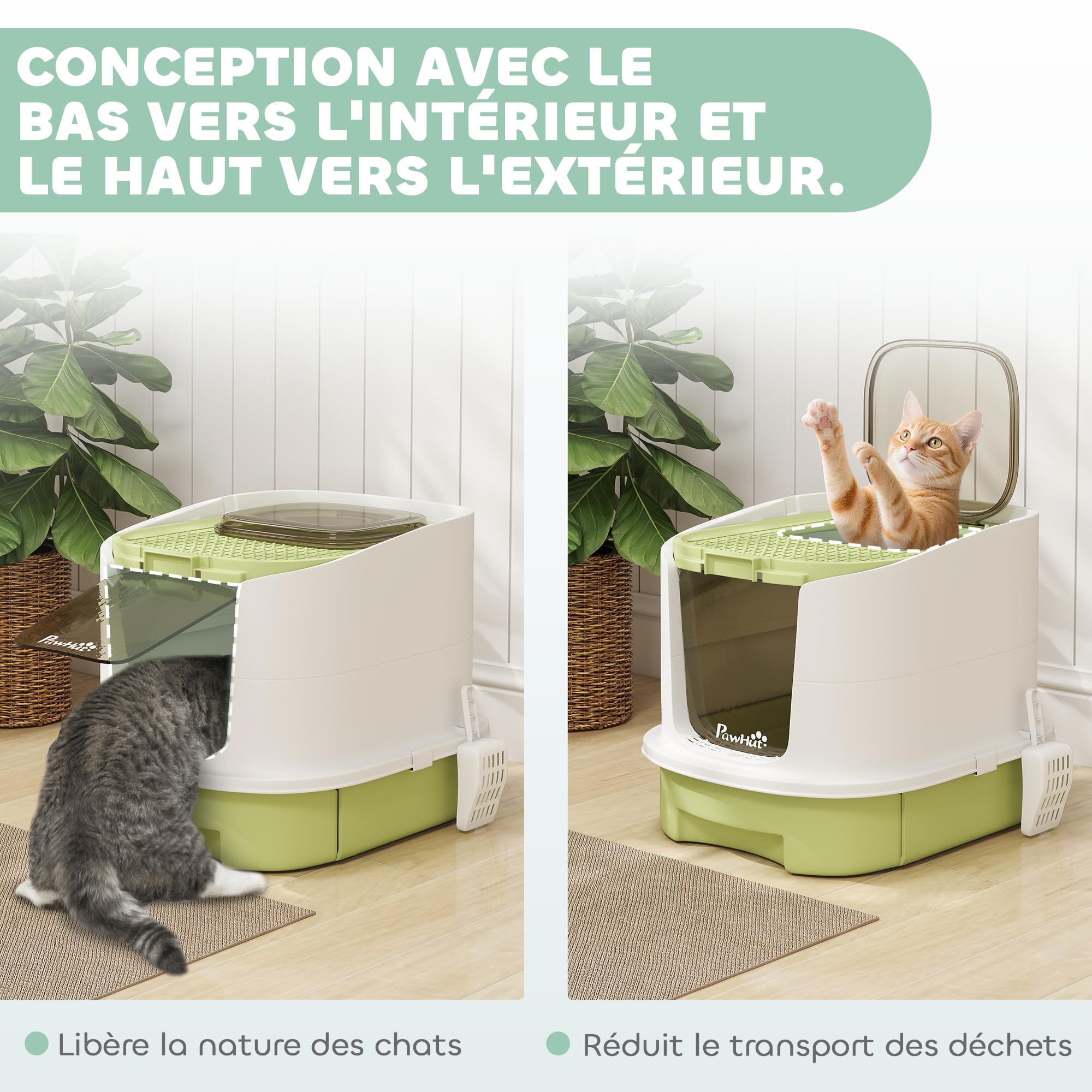 PawHut Maison de Toilette pour Chat Bac à Litière Fermé avec Pelle Vert