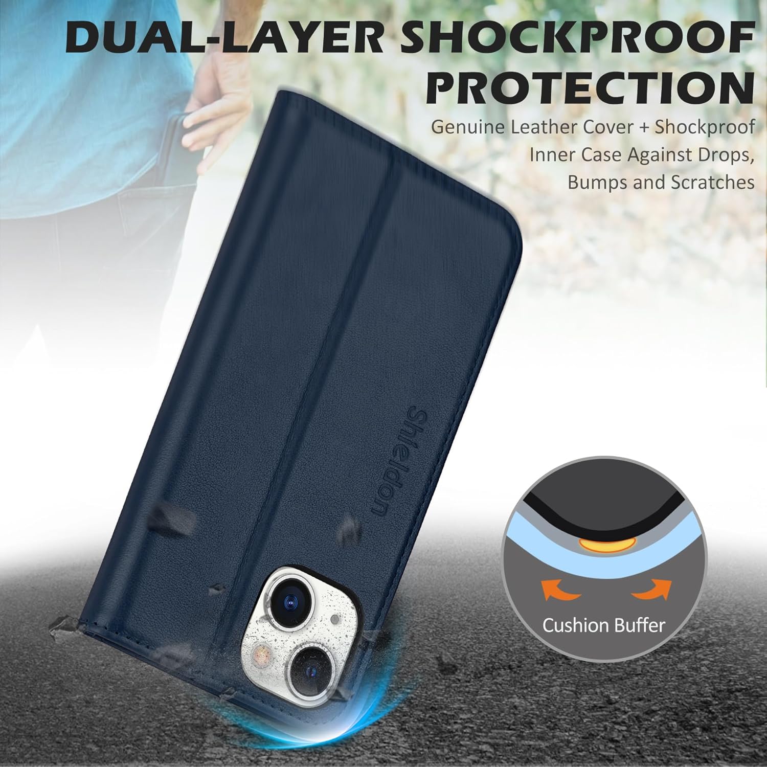 SHIELDON Case for iPhone 14 5G 2022, Genuine Leather Flip Wallet Magnetic Kickstand RFID Blocking Protection Credit Card Holder with Shockproof Case Compatible with iPhone 14 (6.1") - Navy Blue