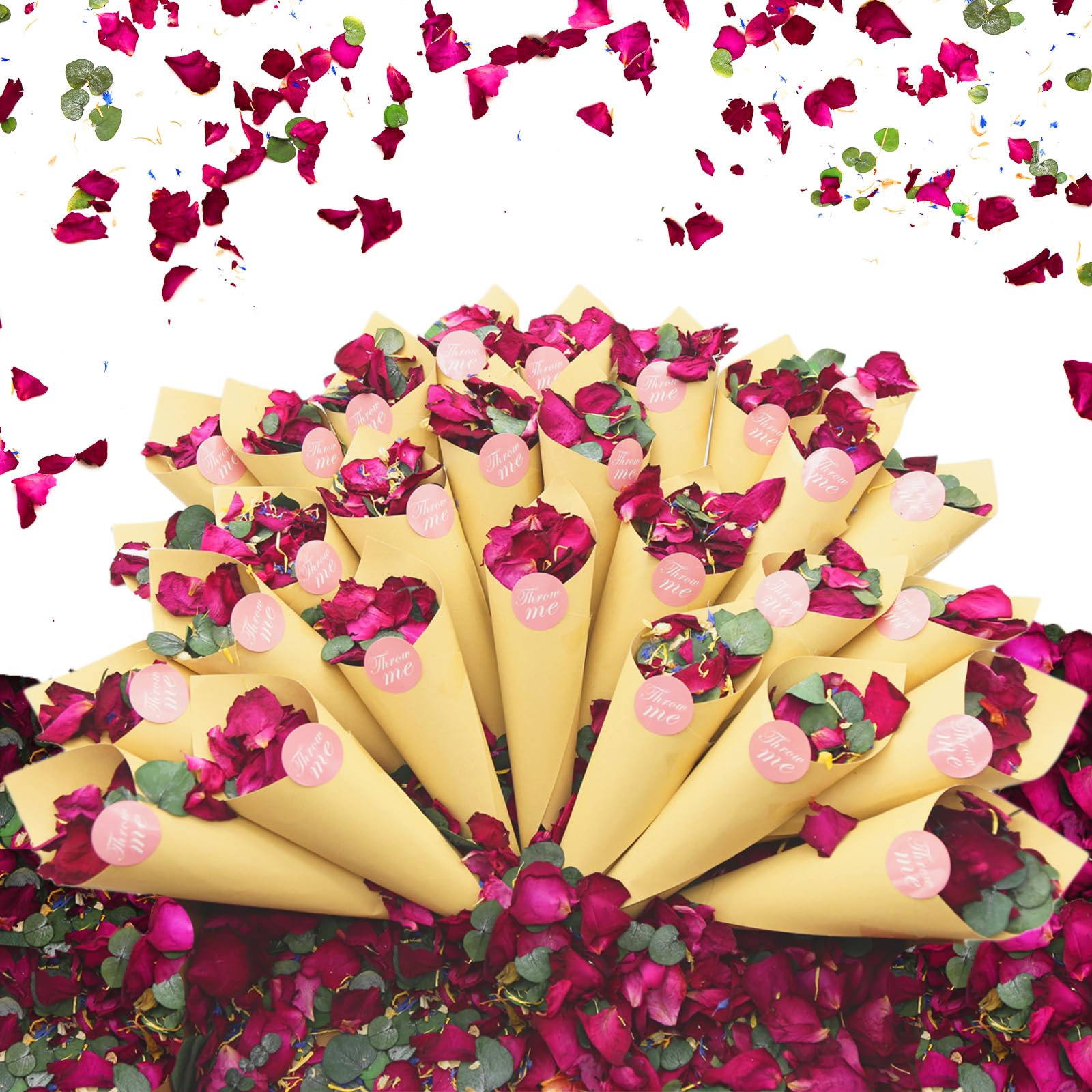 Hochzeitskonfetti mit Rittersporn, Jasmin und Ringelblume für verbesserten Segen, 3 Quarts rote Rosenblätter und Eukalyptusblätter, große Verpackung für 30 Tassen
