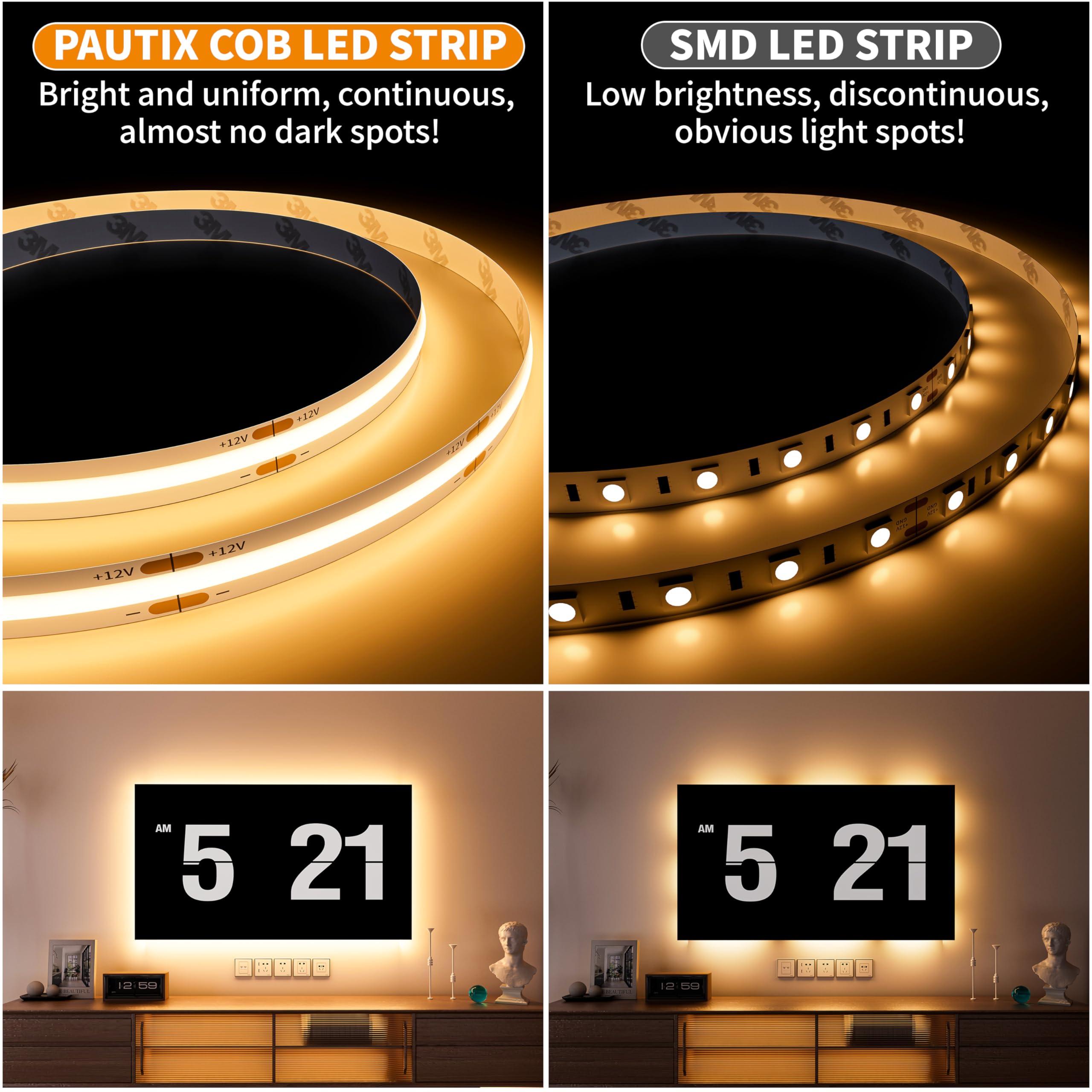 PAUTIX COB LED Strip Warm White 3000K DC12V, 18Ft/5.5M 2772LEDs CRI90+ Flexible LED Tape Lights for Cabinet Engineering Home DIY Lighting Project with 8mm COB Connector(Power Supply Not Included)
