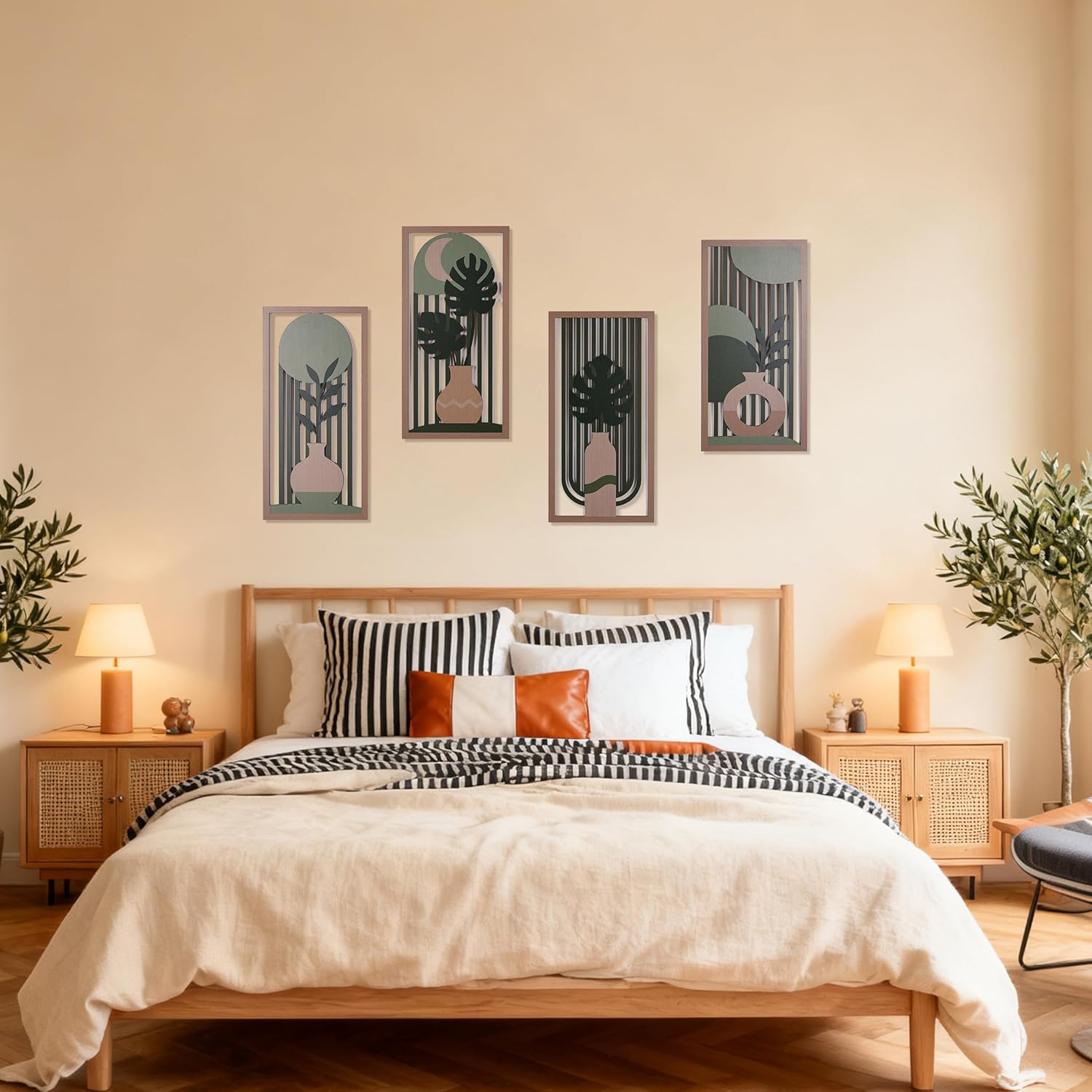 suruim Boho Wall Art Set of 4, Abstract Geometric Wooden Wall Decor, Mid-Century Modern Aesthetic Artwork with Arch, Vase & Botanical Design for Modern Home Decor for Bedroom, Office & Living Room(D)